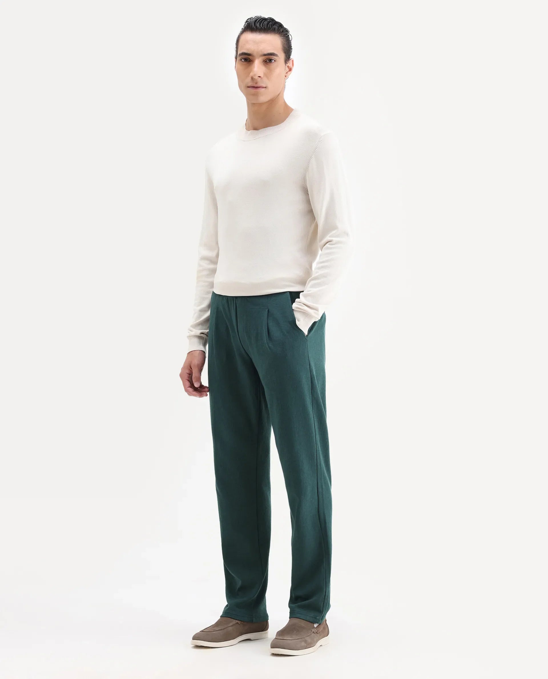 Rare Rabbit Men's Kelo Teal Cotton Blend Plain Regular Fit Trouser