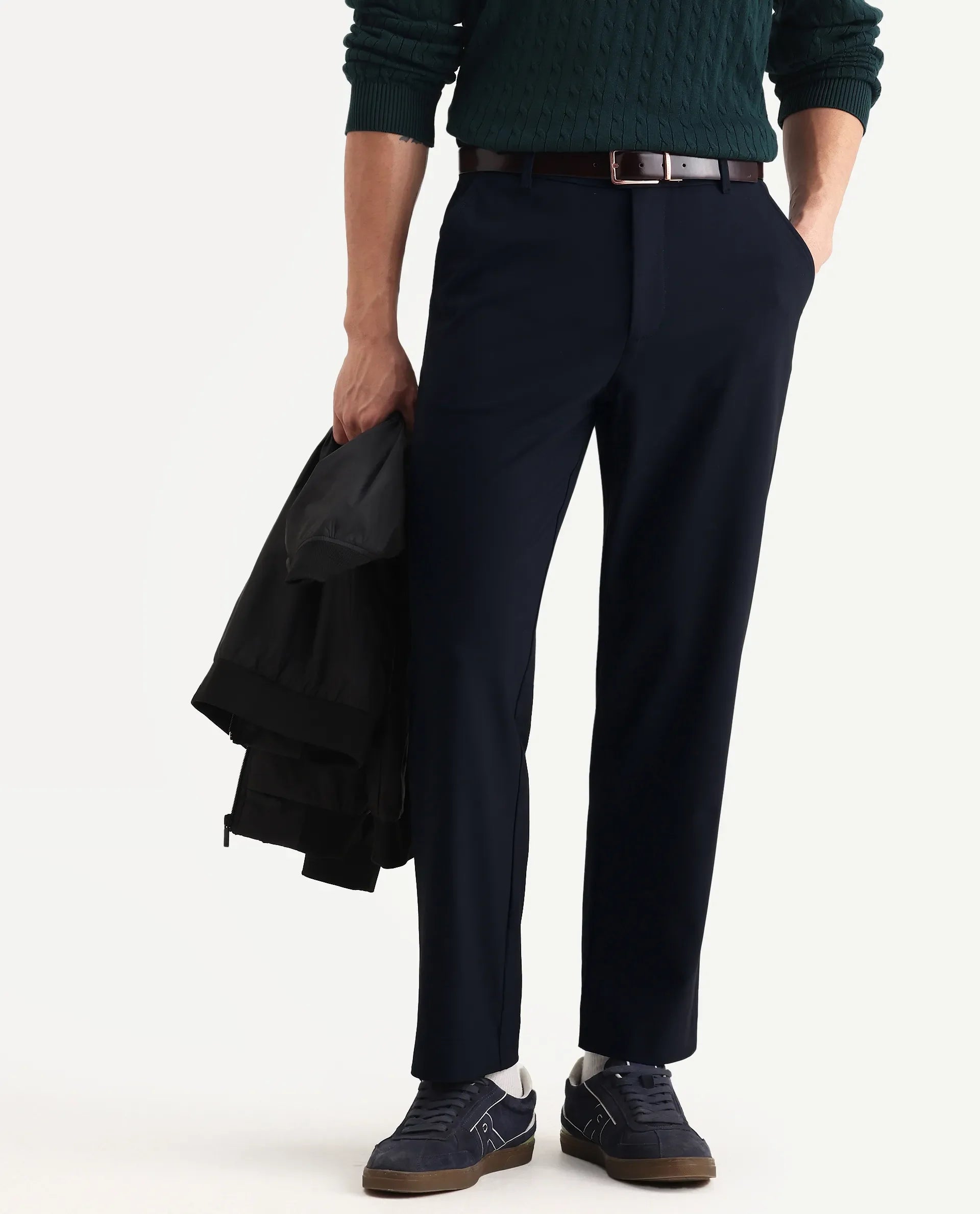 Rare Rabbit Men Kenal Navy Polyester Blend Fabric Button Closure Plain Trouser