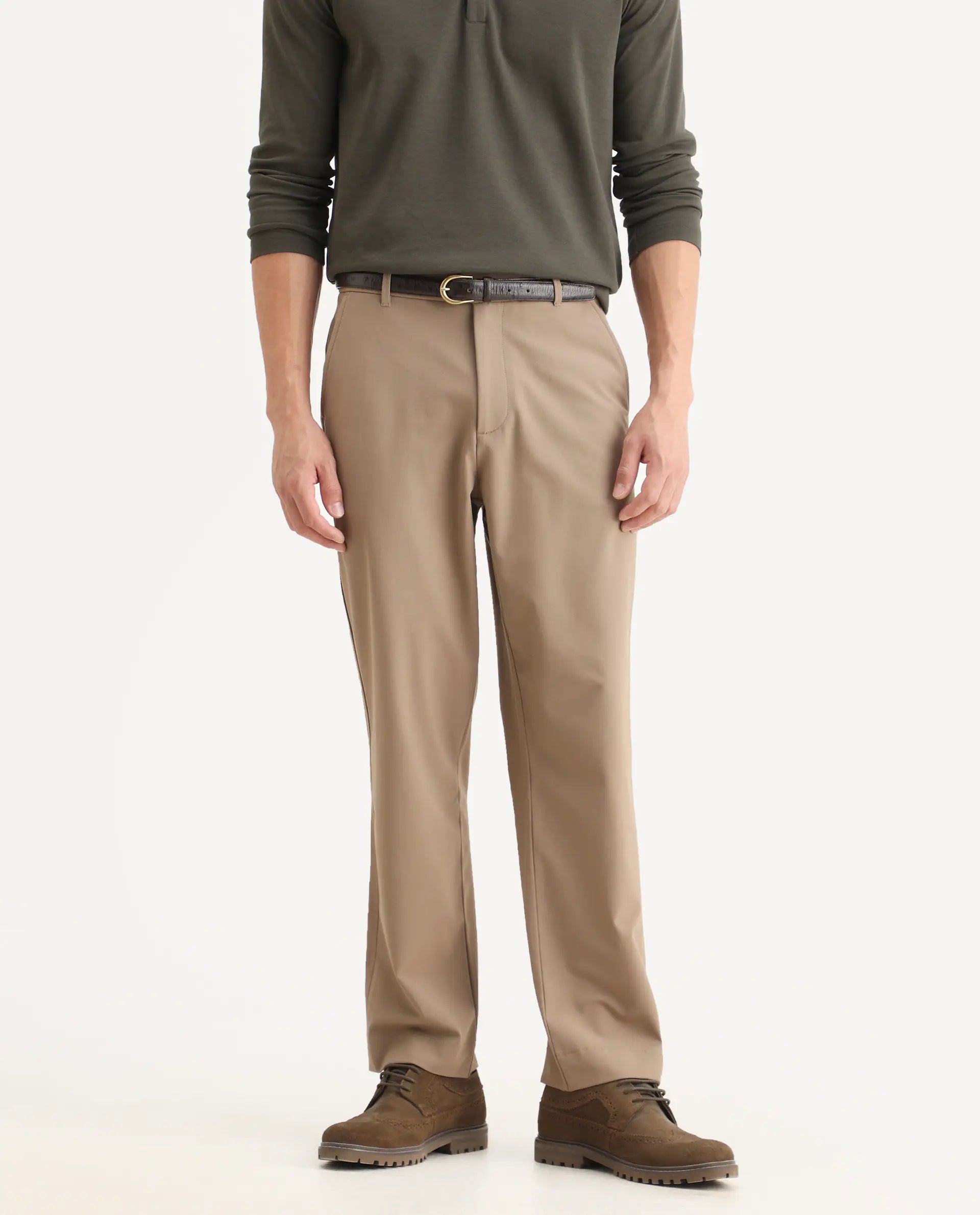 Rare Rabbit Men Kenal Beige Polyester Blend Fabric Button Closure Plain Trouser