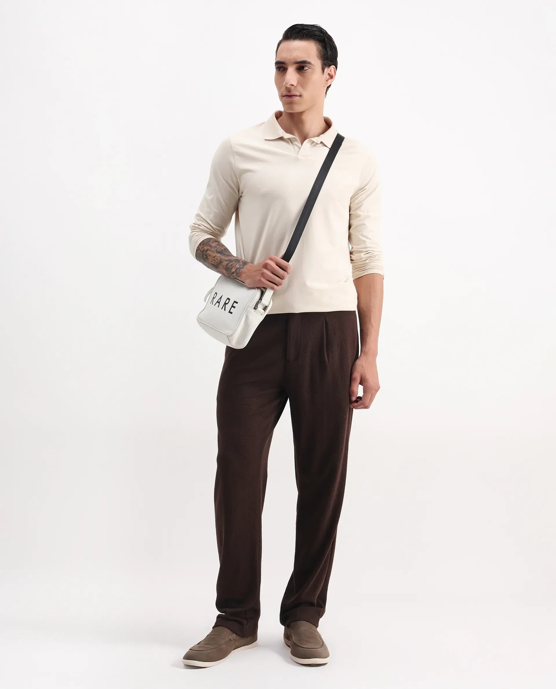 Rare Rabbit Men's Keloe Dark Brown Cotton Blend Plain Relaxed Fit Trouser