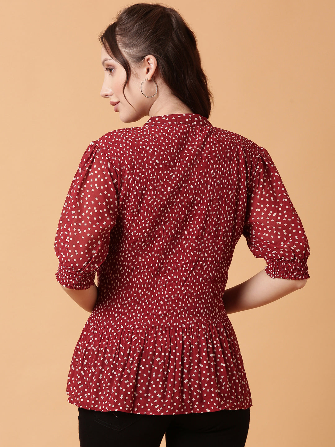 Women's Red Polka Dot Print Puff Sleeve Crepe Top