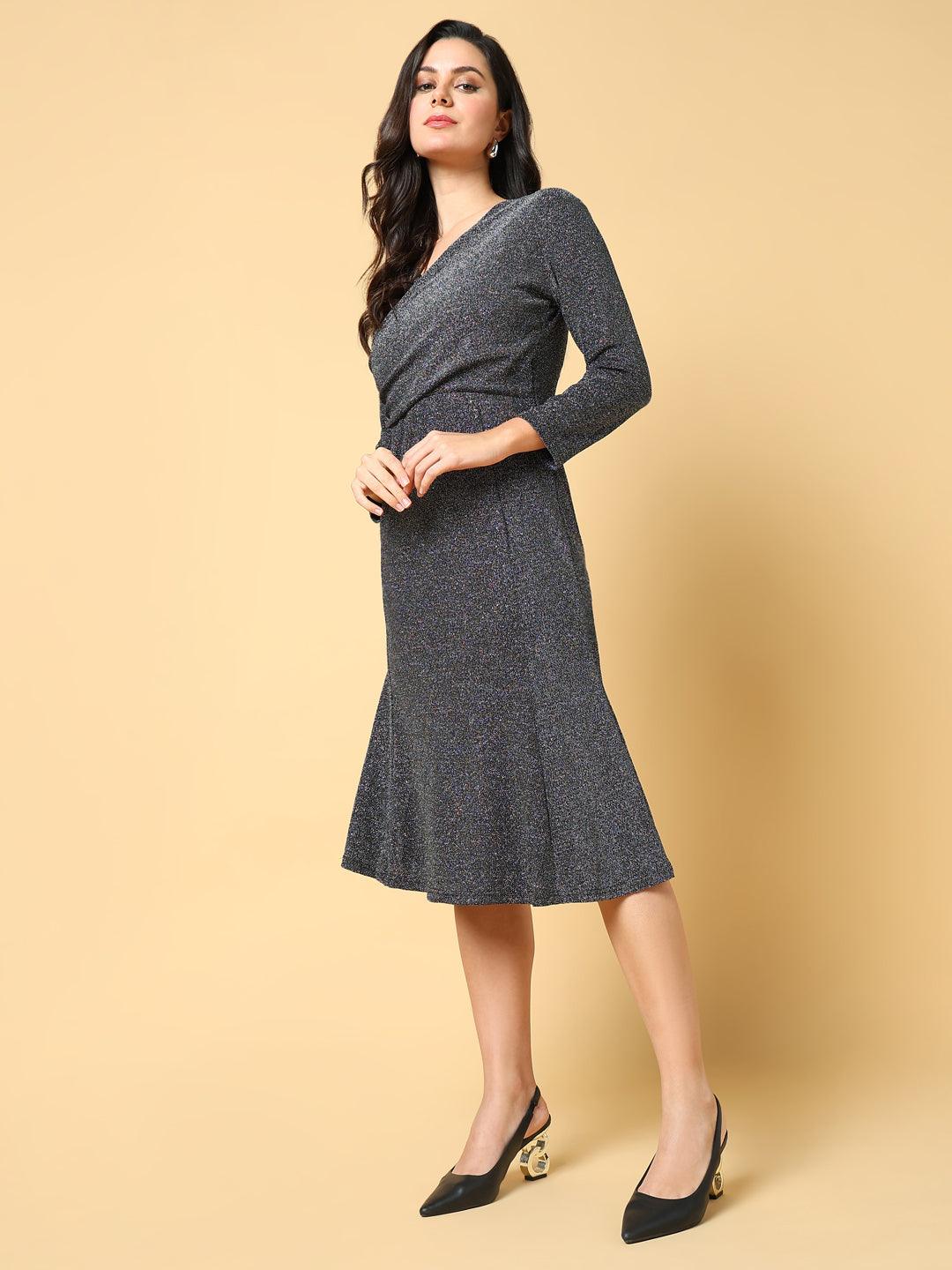 Women's Grey Fit & Flare Knee Length Dress