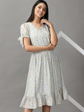 Women's Blue Floral Chiffon Fit & Flare Dress