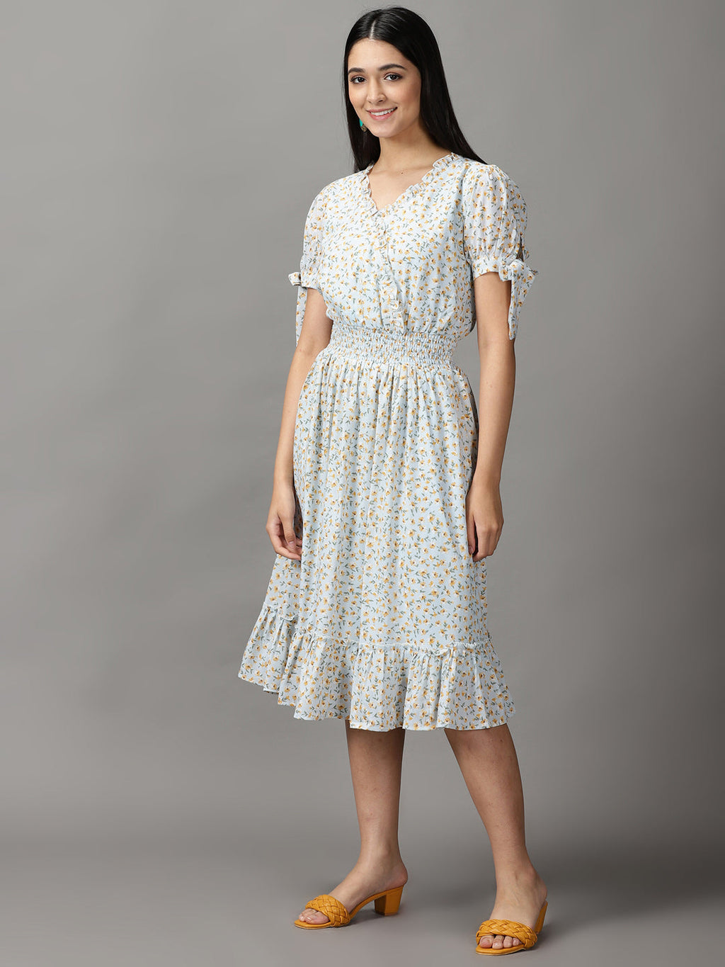 Women's Blue Floral Chiffon Fit & Flare Dress