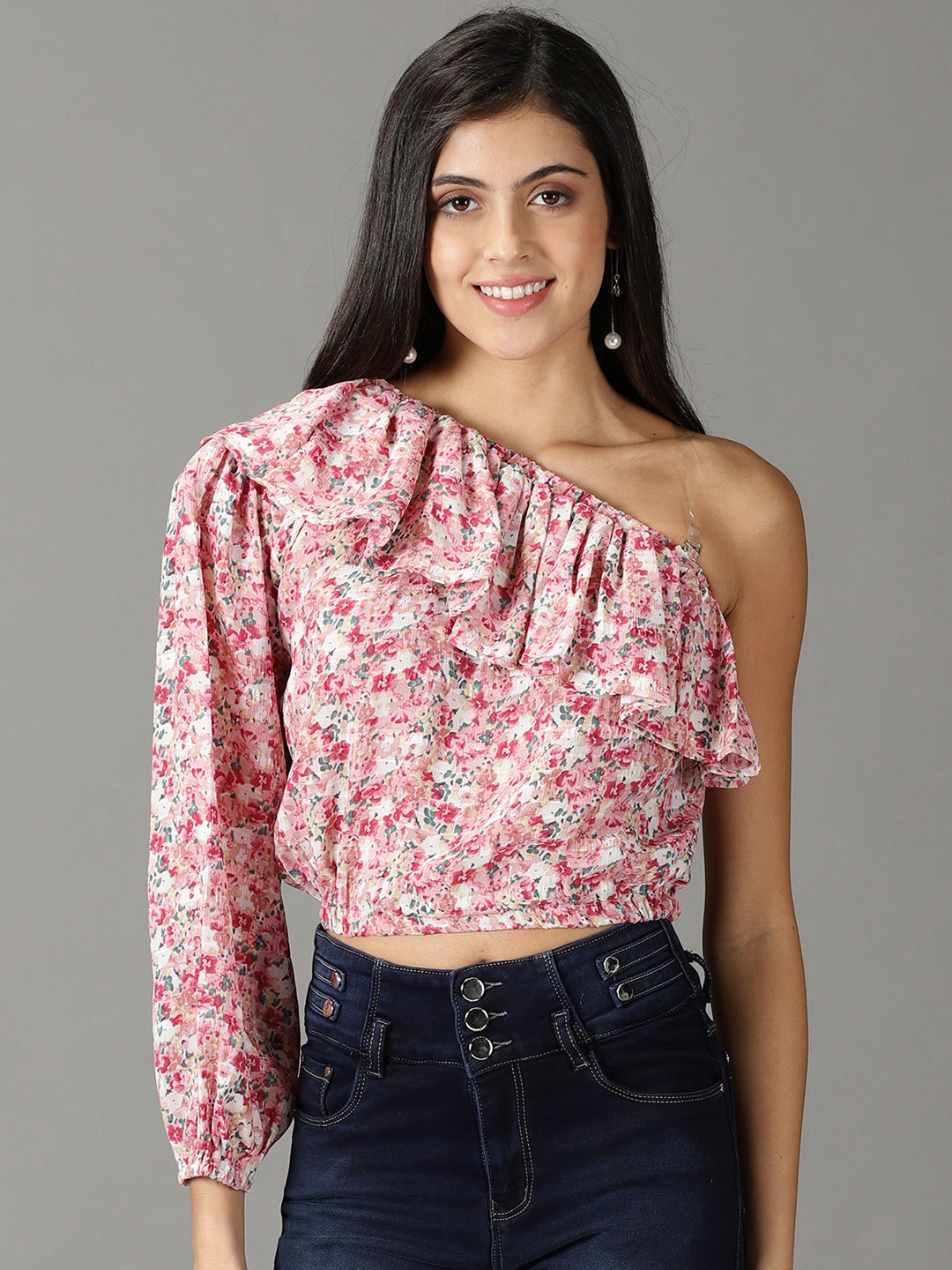 Women's Pink Floral Print One Shoulder Ruffles Chiffon Top