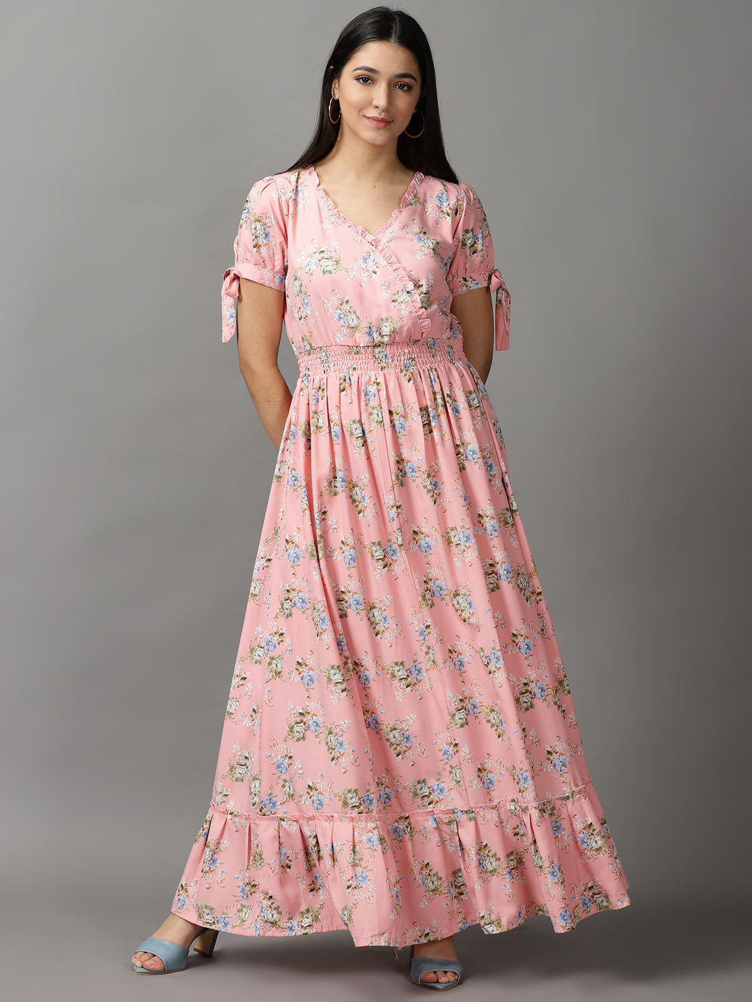 Women's Peach Floral Chiffon Fit & Flare Dress