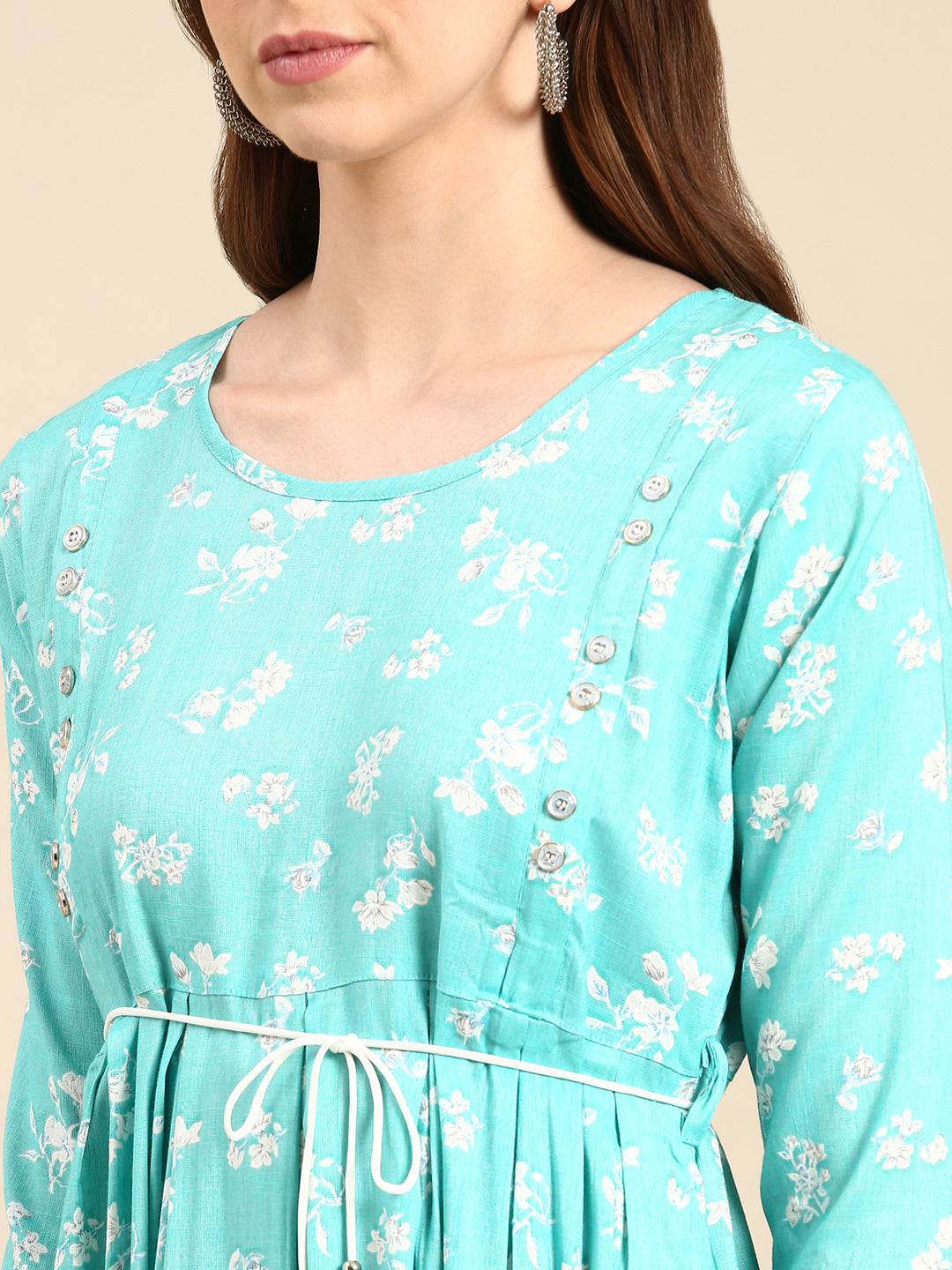 Women's Turquoise Blue Pleated Floral Printed Anarkali Kurta