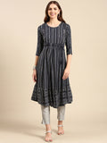 Women's Navy Blue Pleated Geometric Printed Anarkali Kurta