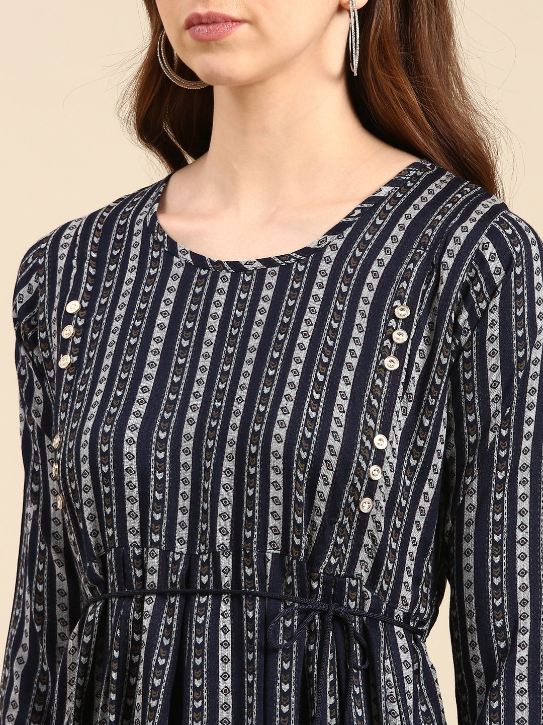 Women's Navy Blue Pleated Geometric Printed Anarkali Kurta