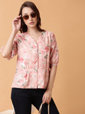 Women's Pink Floral Print Puff Sleeve Georgette Peplum Top