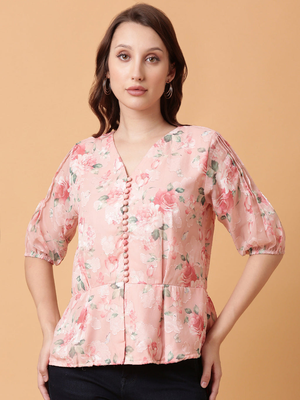 Women's Pink Floral Print Puff Sleeve Georgette Peplum Top