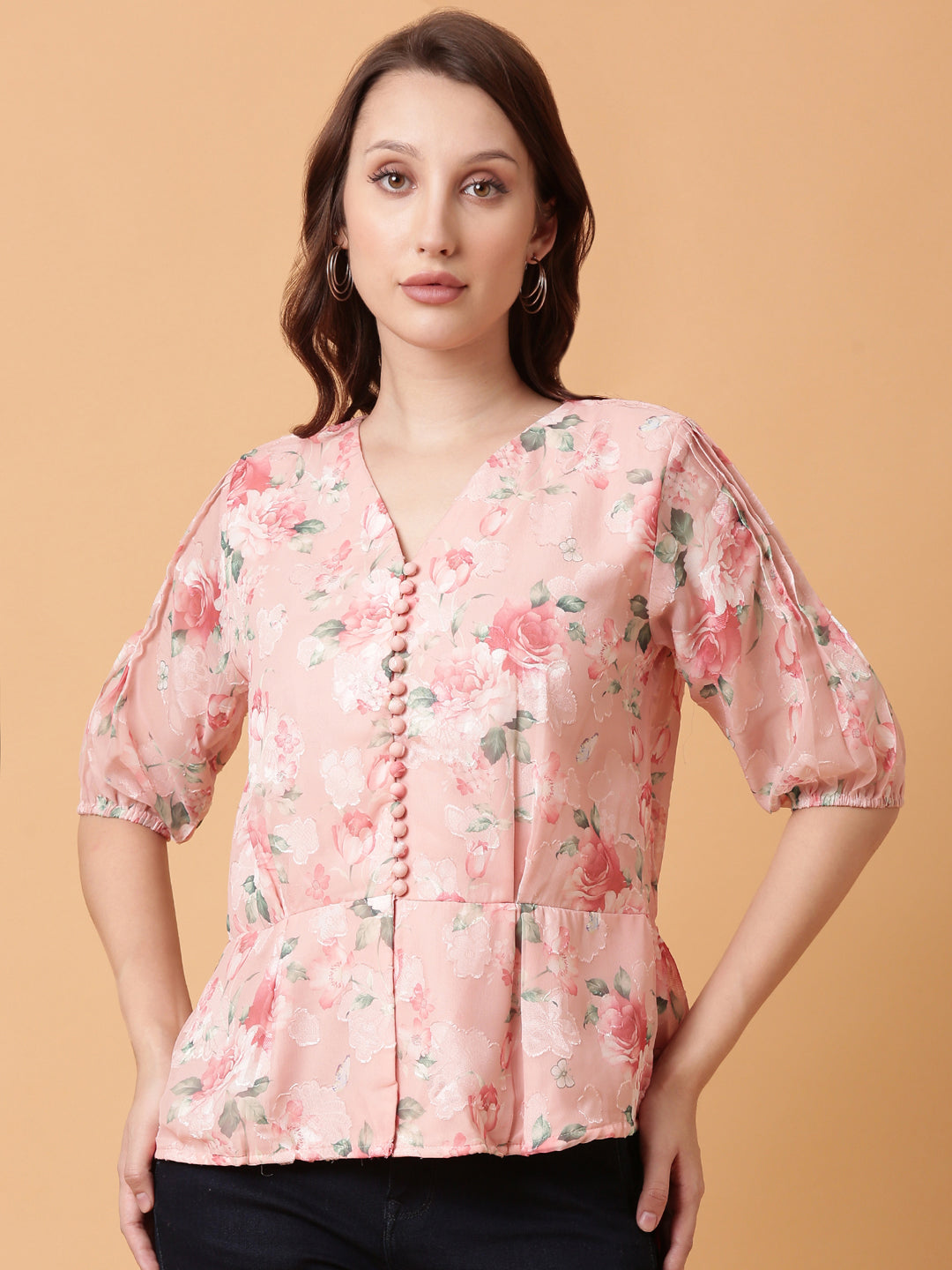 Women's Pink Floral Print Puff Sleeve Georgette Peplum Top