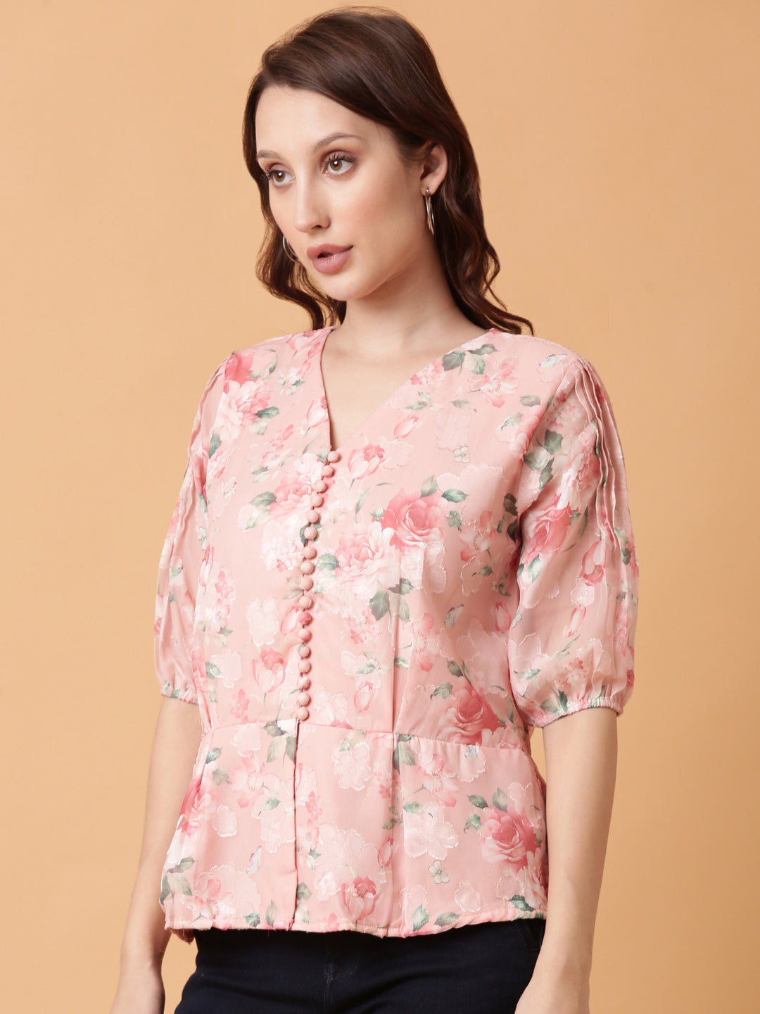 Women's Pink Floral Print Puff Sleeve Georgette Peplum Top