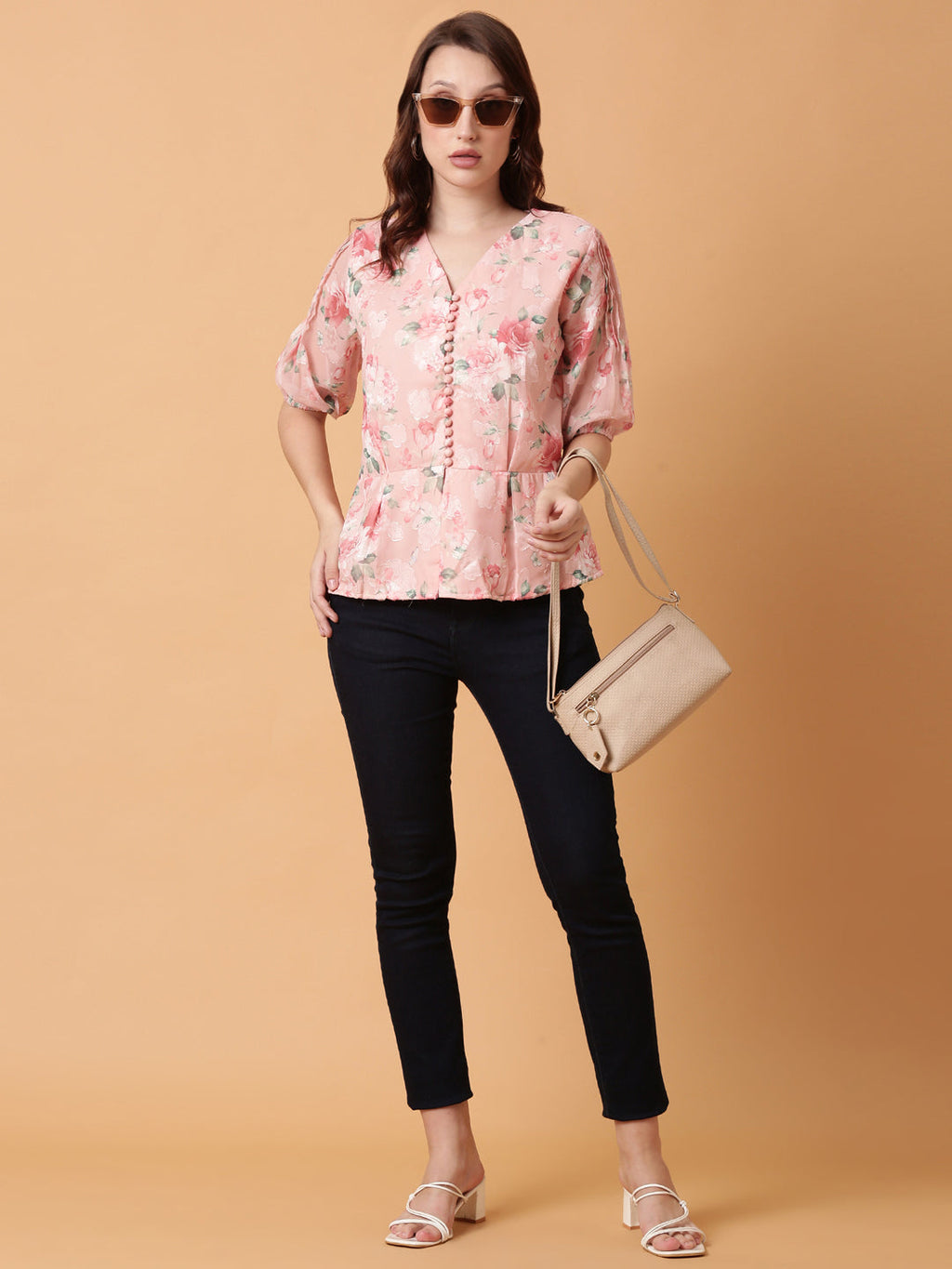 Women's Pink Floral Print Puff Sleeve Georgette Peplum Top