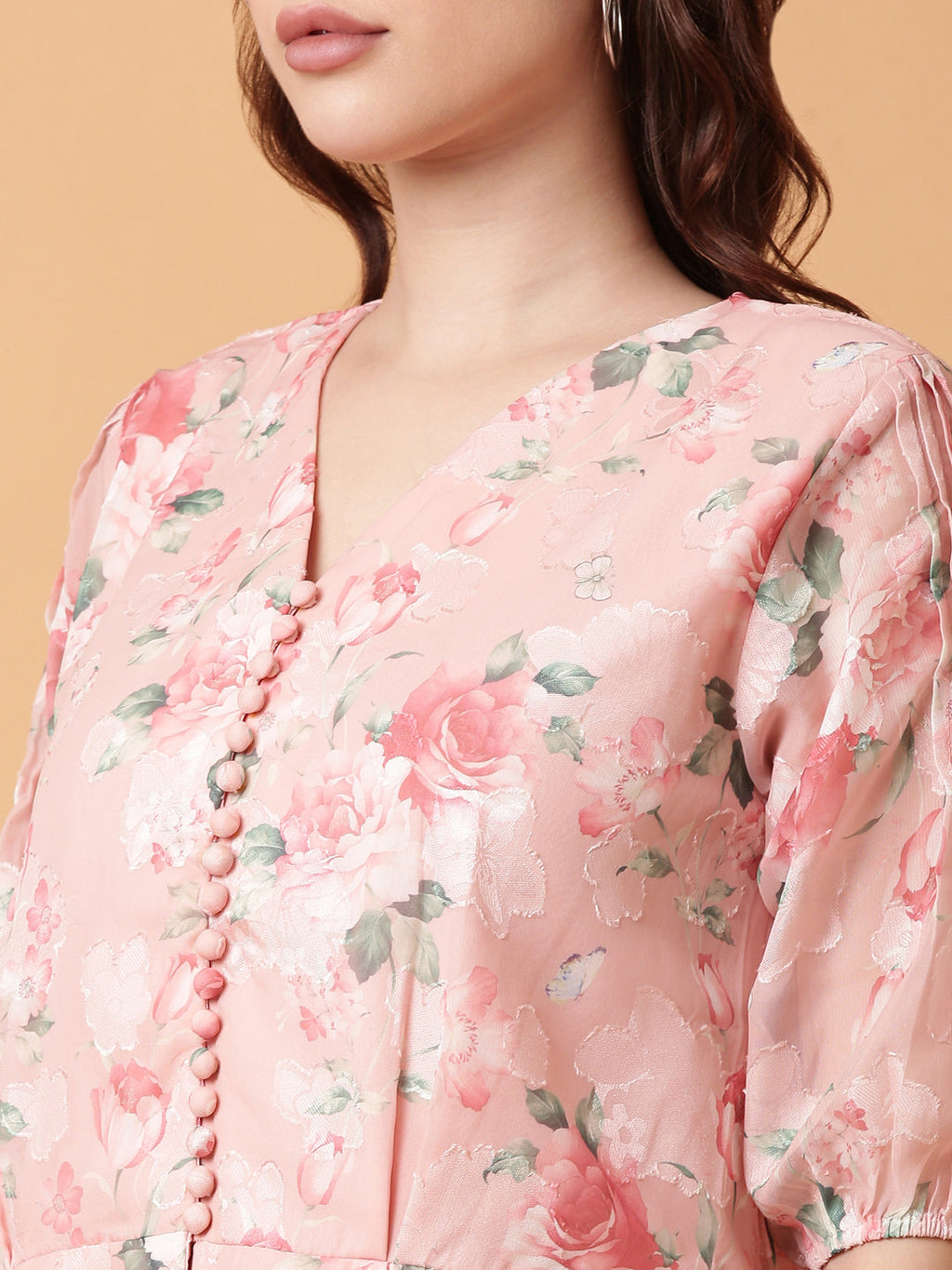 Women's Pink Floral Print Puff Sleeve Georgette Peplum Top
