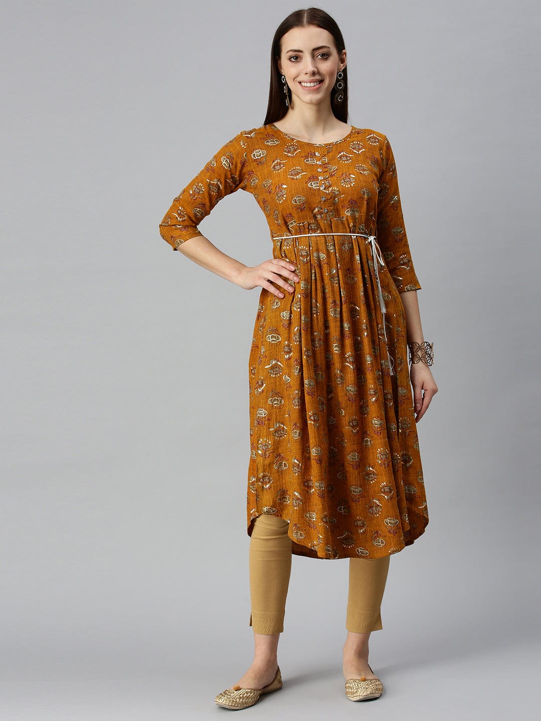 Women's Printed Mustard A-Line Kurta