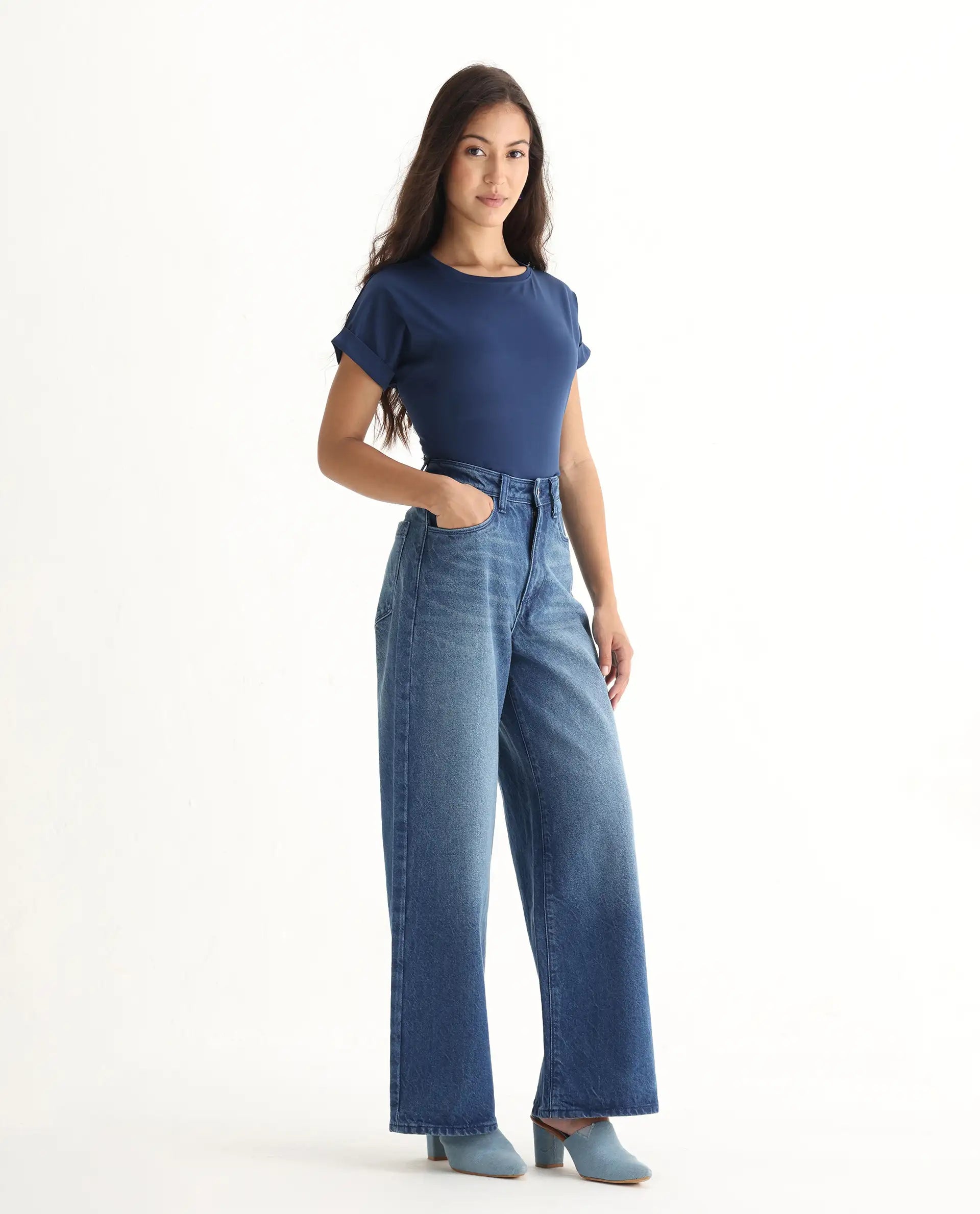 Rareism Women's Kikoi Blue Cotton Blend Plain Ankle Length Effortless Wide Jeans