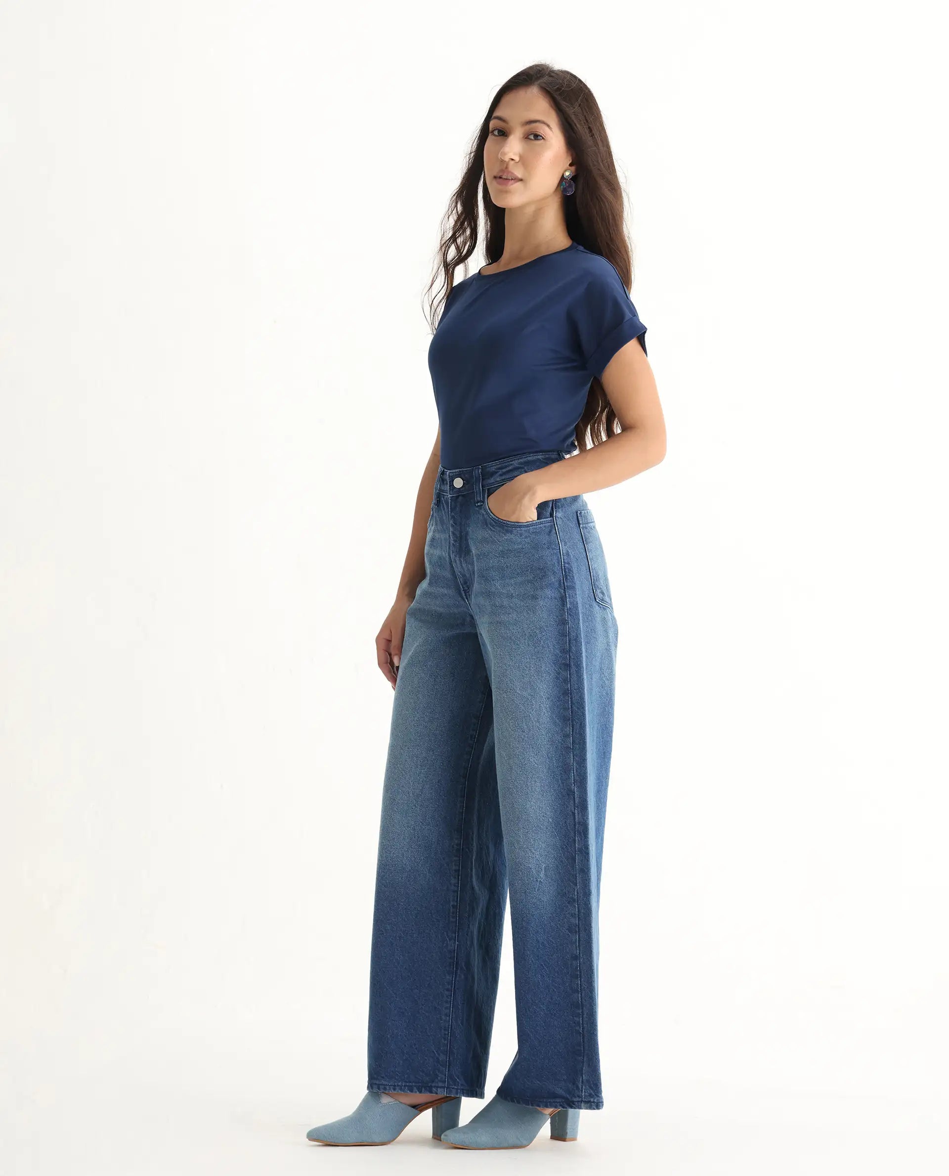 Rareism Women's Kikoi Blue Cotton Blend Plain Ankle Length Effortless Wide Jeans
