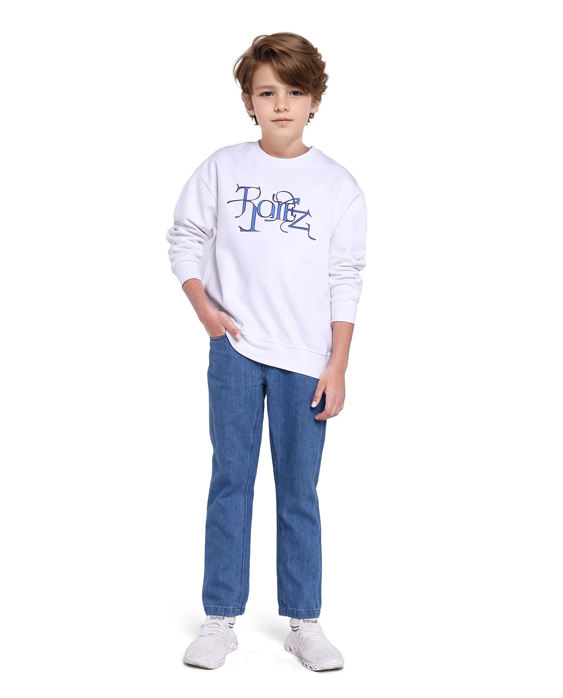 Rare Ones Kids Kiro White Cotton Full Sleeve Crew Neck Hd Print Sweatshirt