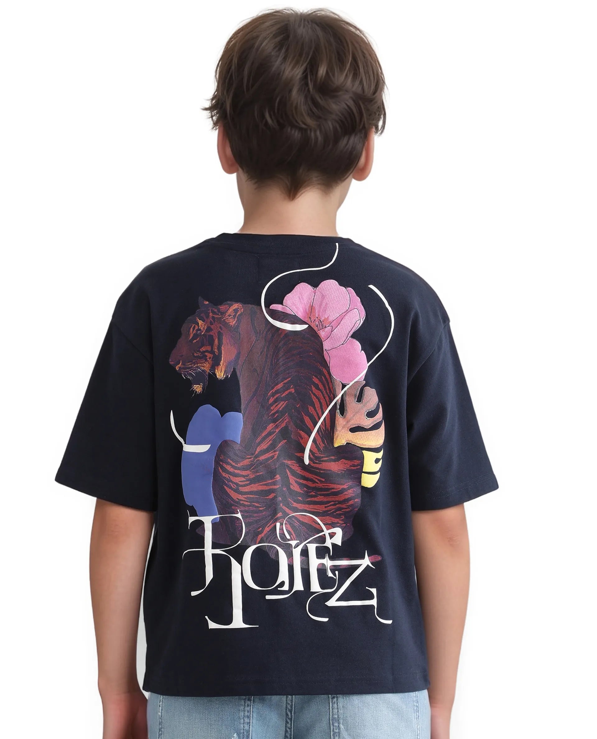Rare Ones Kids Knix-K Navy Cotton Half Sleeve Slip-On Graphic Printed Boxy Fit T-Shirt
