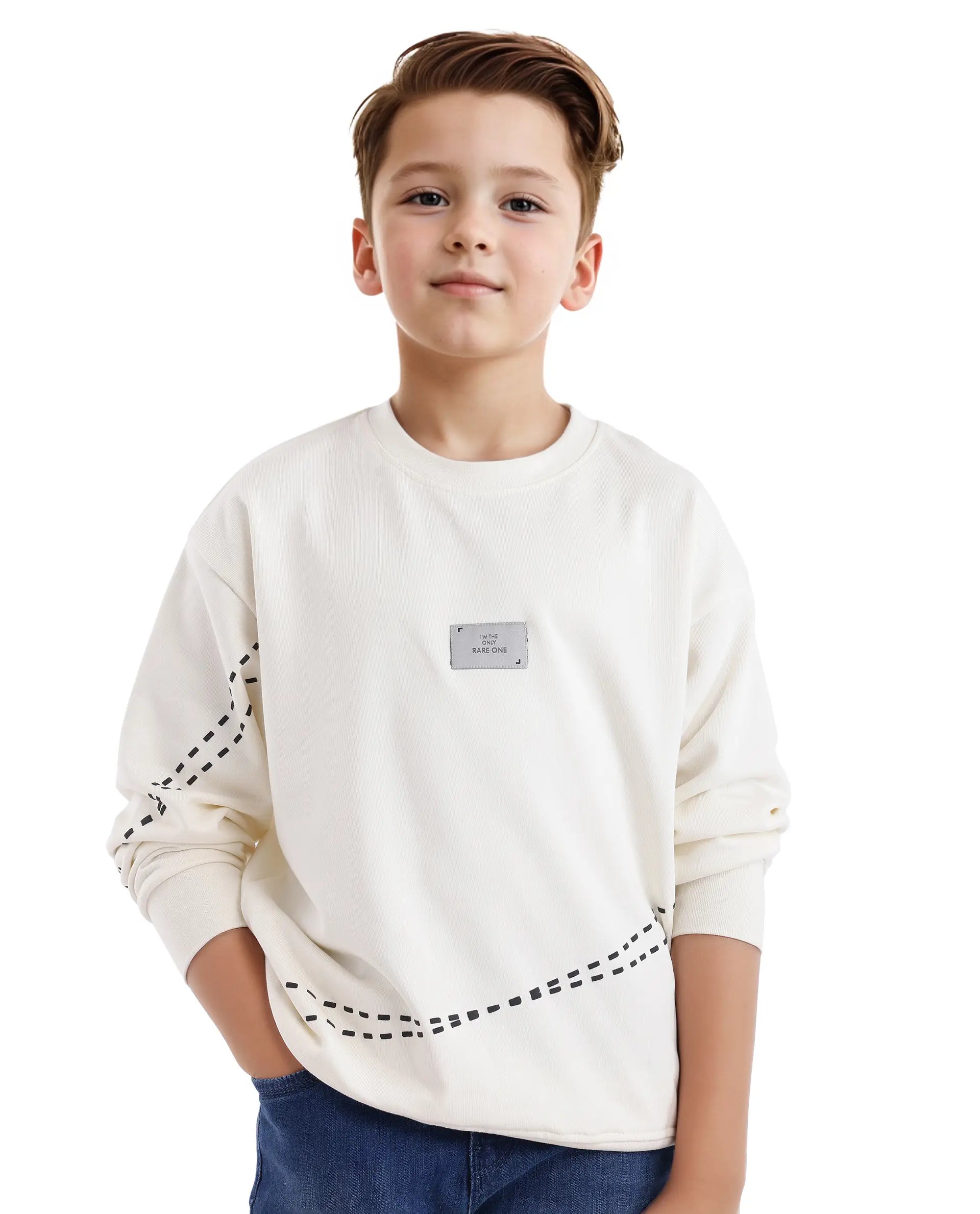 Rare Ones Kids Kole Off White Cotton Poly Full Sleeve Hd Print Sweatshirt