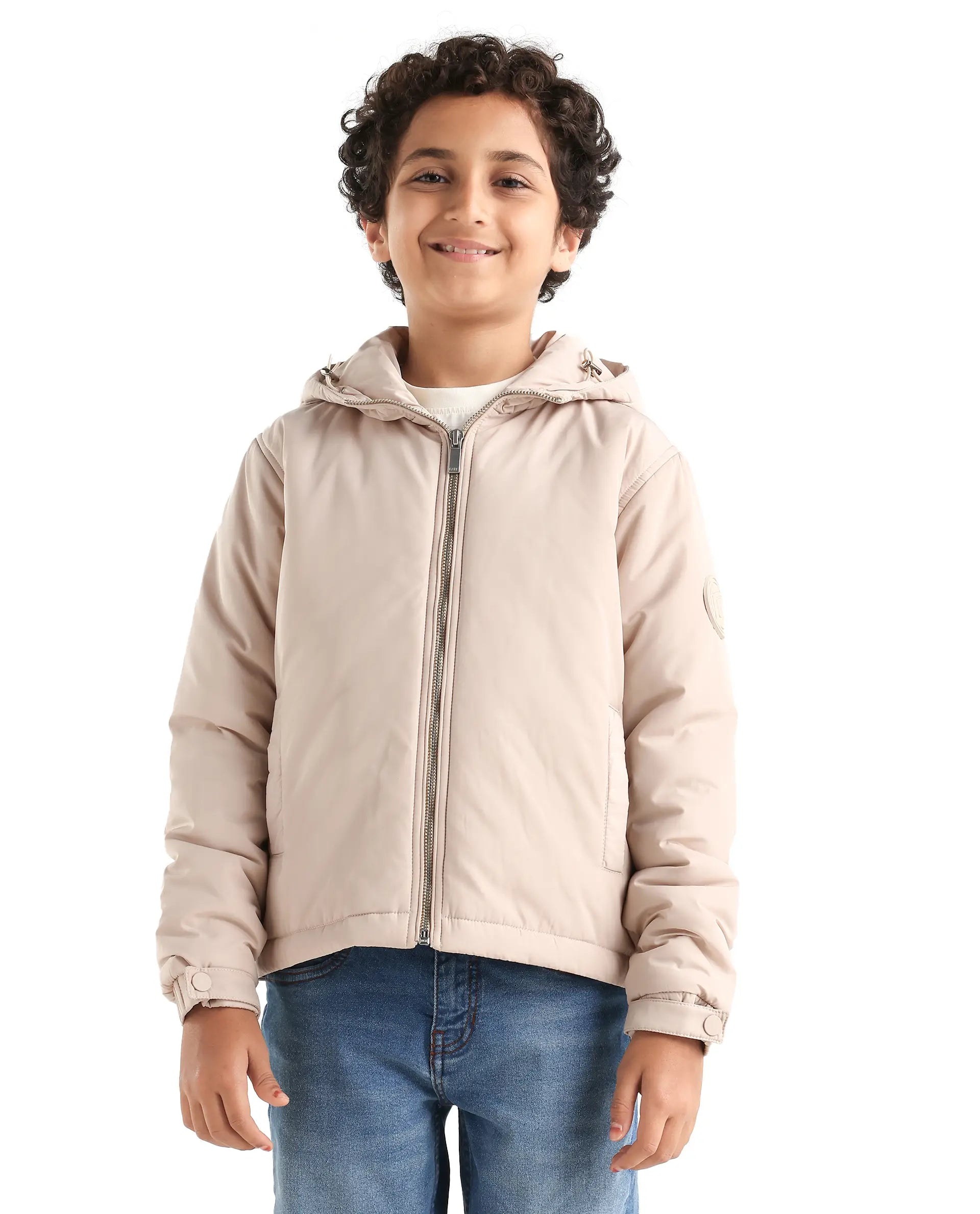 Rare Ones Kids Kost-K Beige Polyester Zipper Closure Hooded Plain Full Sleeves Regular Fit Jacket