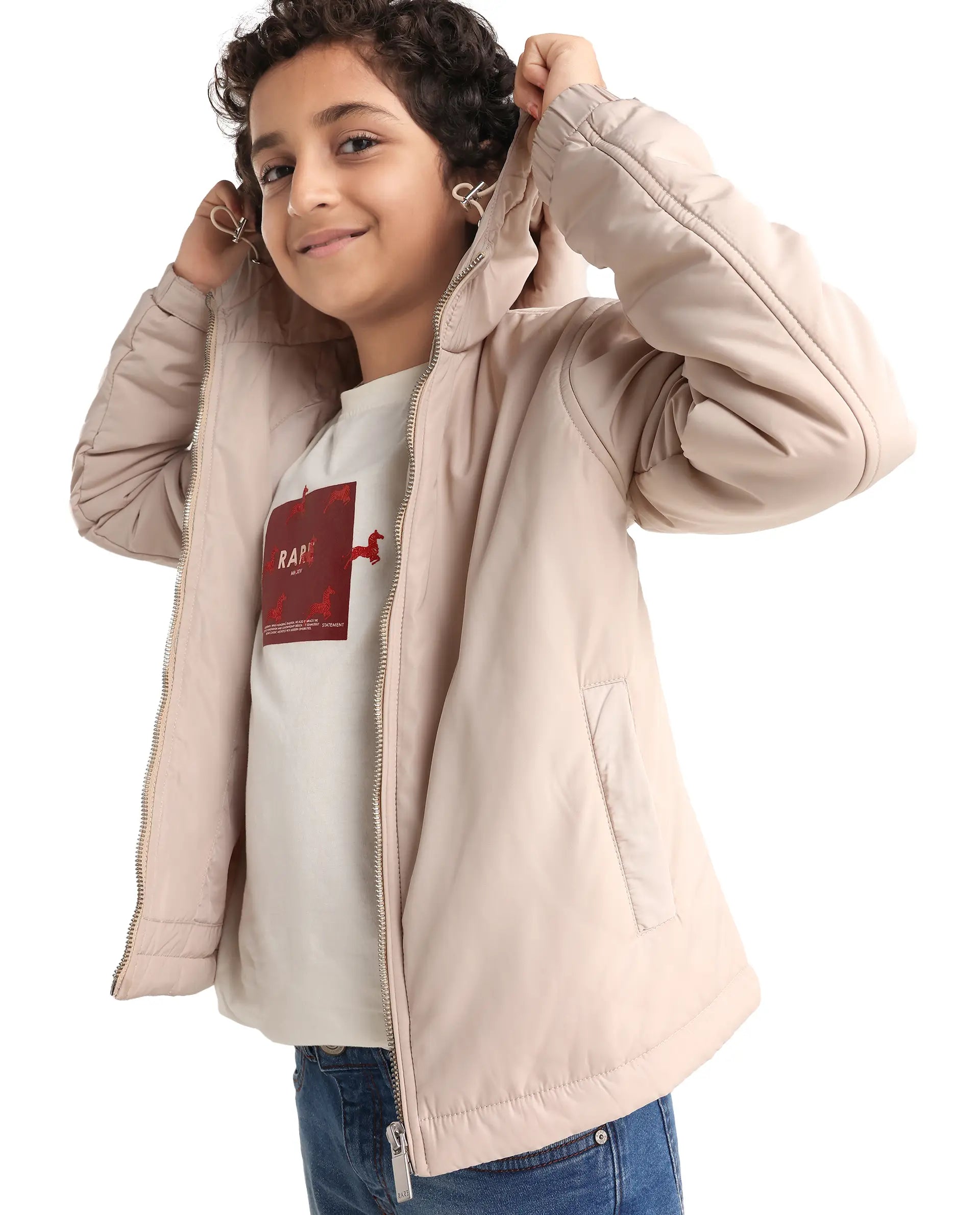 Rare Ones Kids Kost-K Beige Polyester Zipper Closure Hooded Plain Full Sleeves Regular Fit Jacket