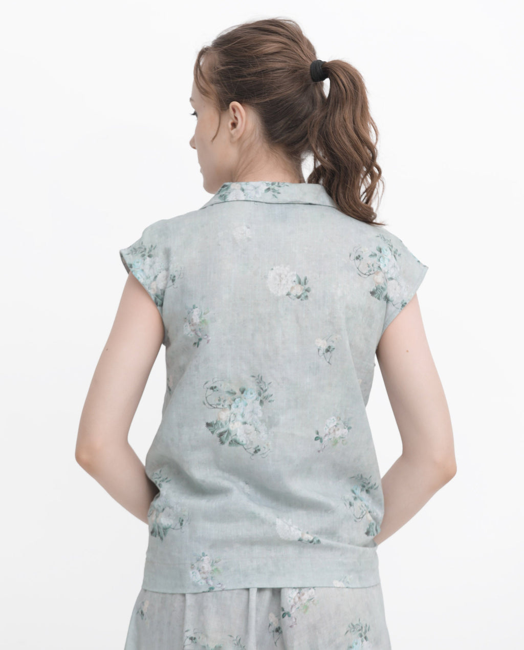 Rareism Women's Kyul-T Dusky Green Cotton Linen Lapel Neck Floral Print Extended Sleeves Regular Fit Top