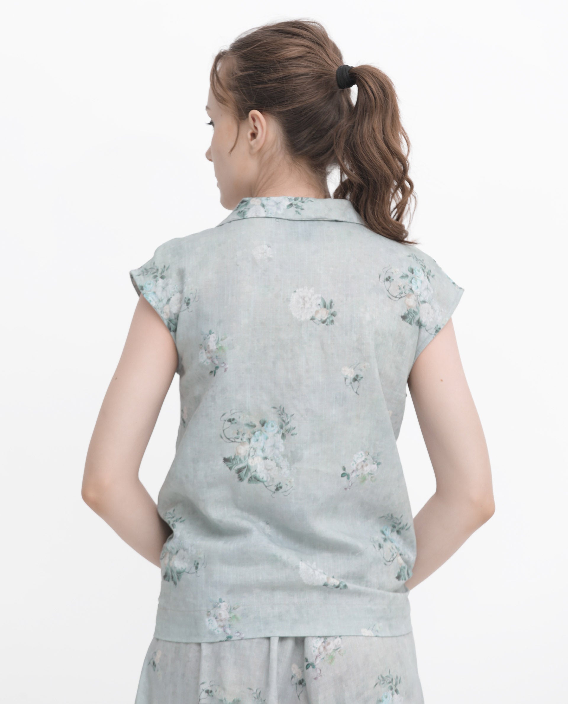 Rareism Women's Kyul-T Dusky Green Cotton Linen Lapel Neck Floral Print Extended Sleeves Regular Fit Top