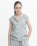 Rareism Women's Kyul-T Dusky Green Cotton Linen Lapel Neck Floral Print Extended Sleeves Regular Fit Top