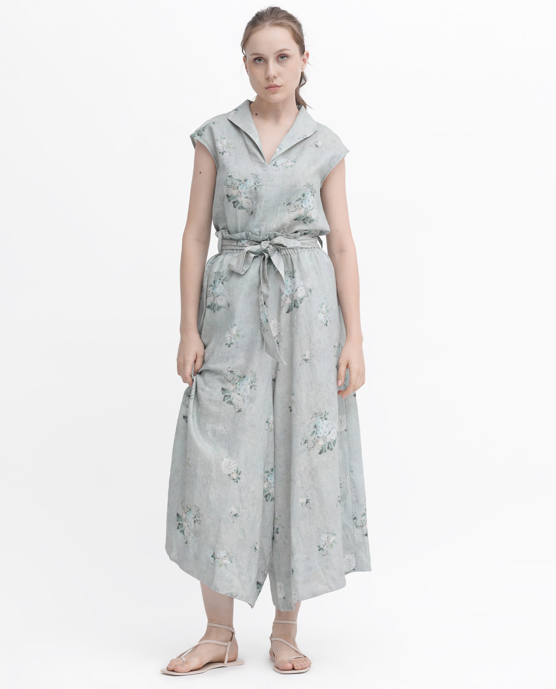 Rareism Women's Kyul-T Dusky Green Cotton Linen Lapel Neck Floral Print Extended Sleeves Regular Fit Top