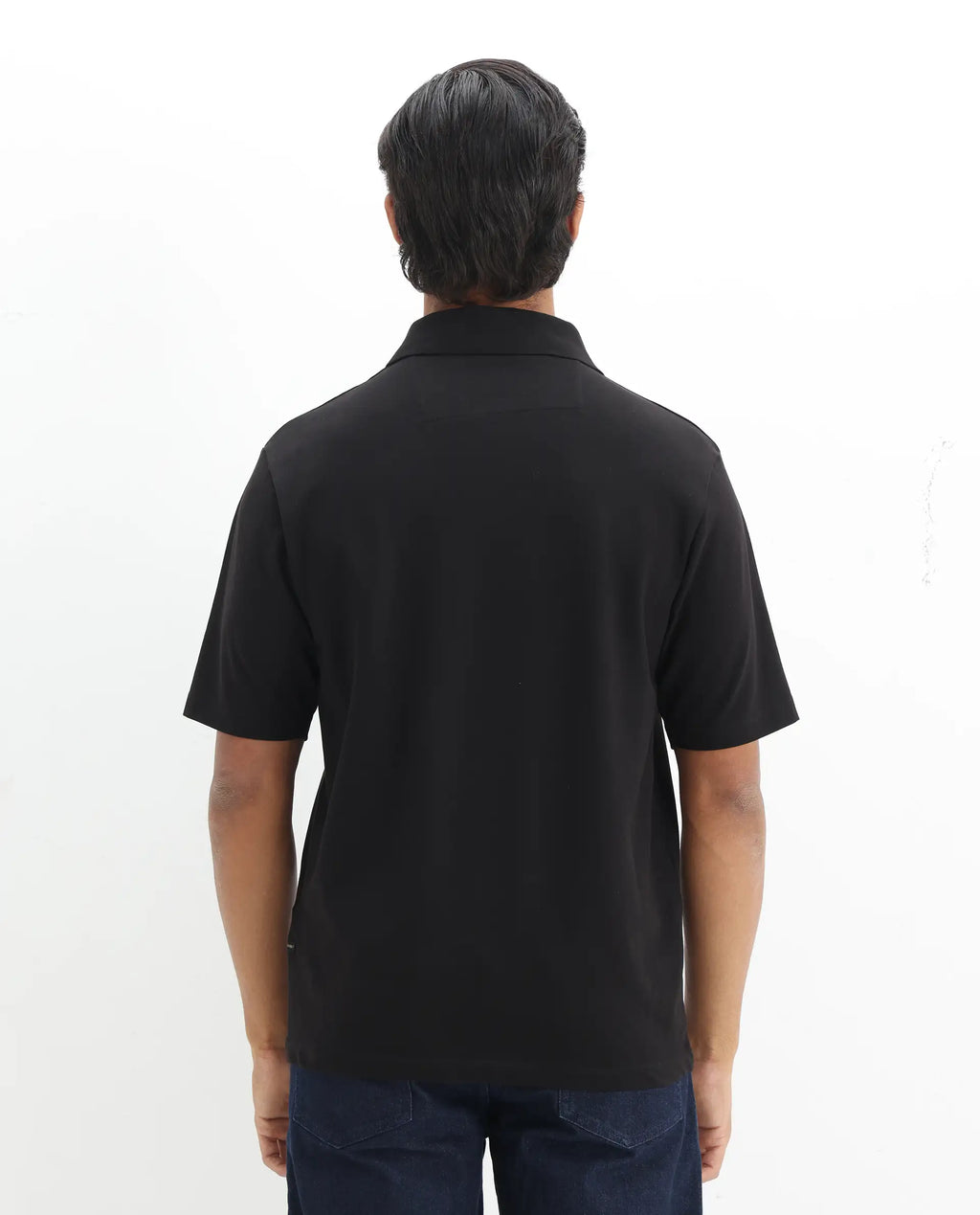 Rare Rabbit Men's Labe Black Cotton Plain Oversized Fit Half Sleeve Polo