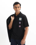 Rare Rabbit Men's Labe Black Cotton Plain Oversized Fit Half Sleeve Polo