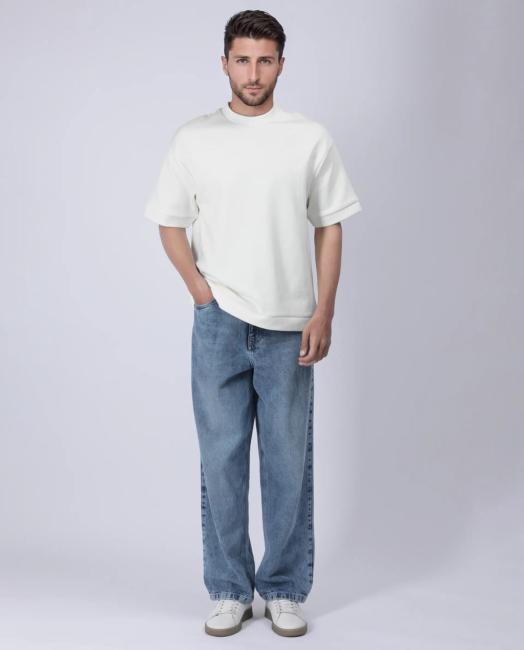 Rare Rabbit Men's Lauch Off White Cotton Blend Plain Oversized Fit Half Sleeve Crew Neck T-Shirt
