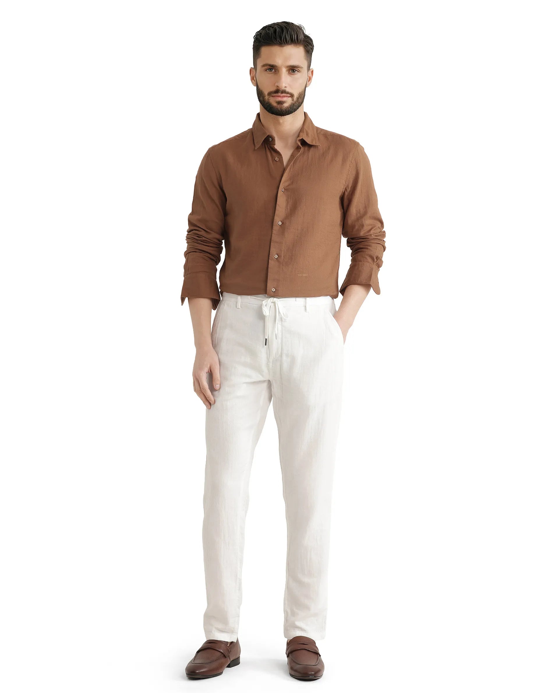 Rare Rabbit Men's Layerr Ls 25 Brown Cotton Plain Regular Fit Full Sleeve Collared Shirt