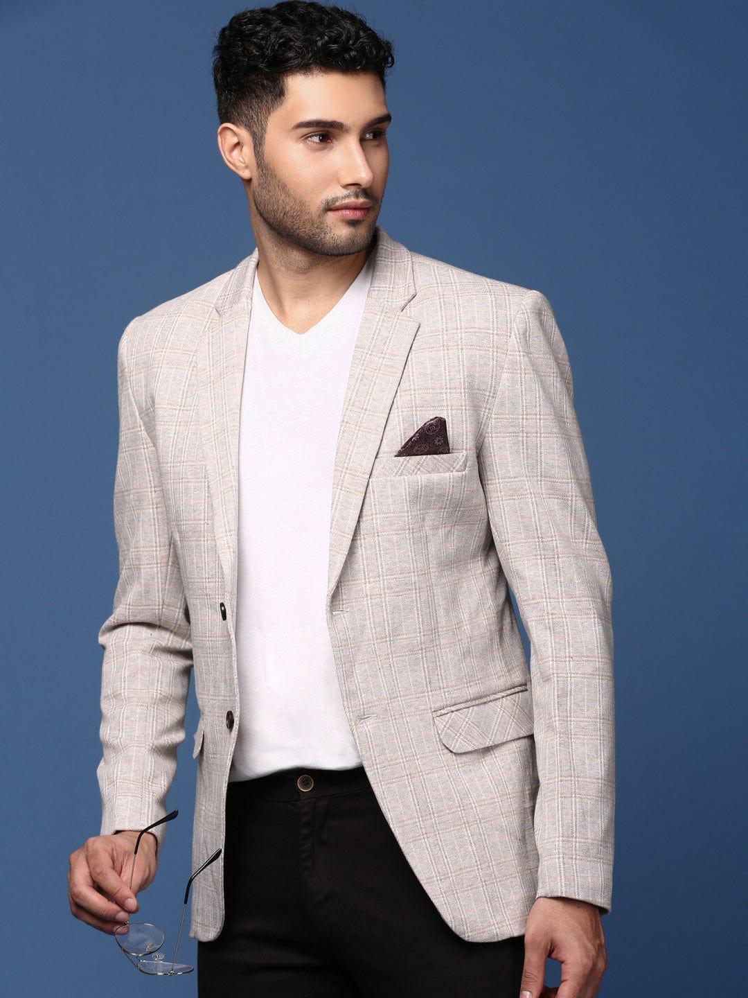 Men's Grey Self Designed Slim Fit Single Breasted Blazer