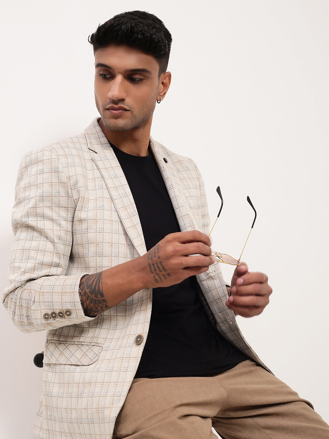 Men's Cream Checked Single Breasted Blazer