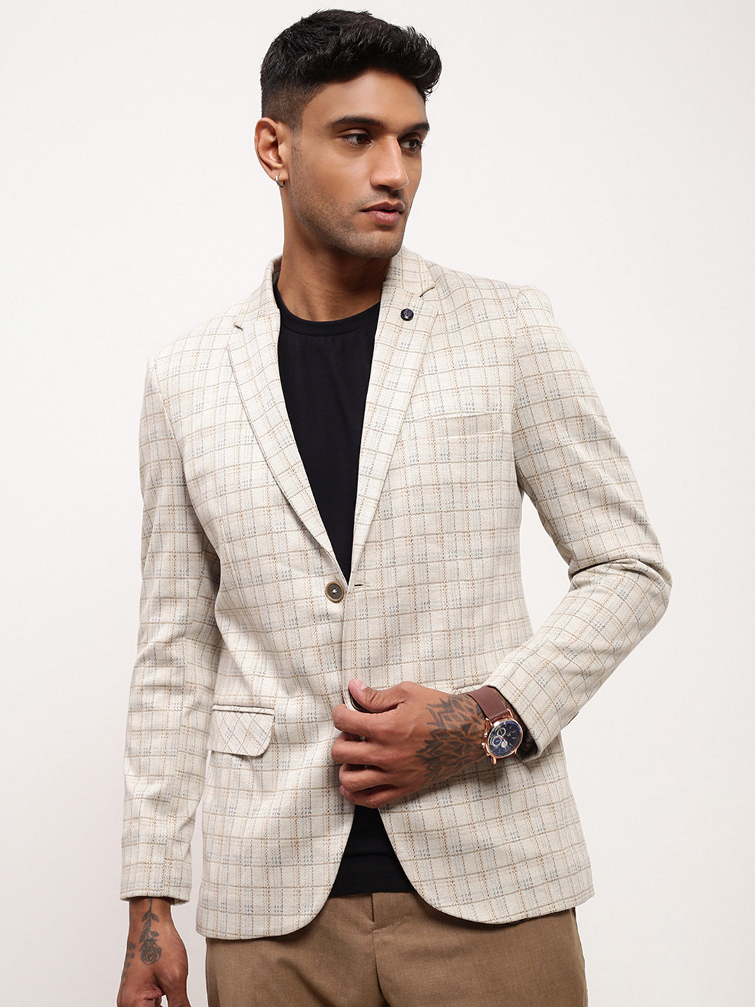 Men's Cream Checked Single Breasted Blazer