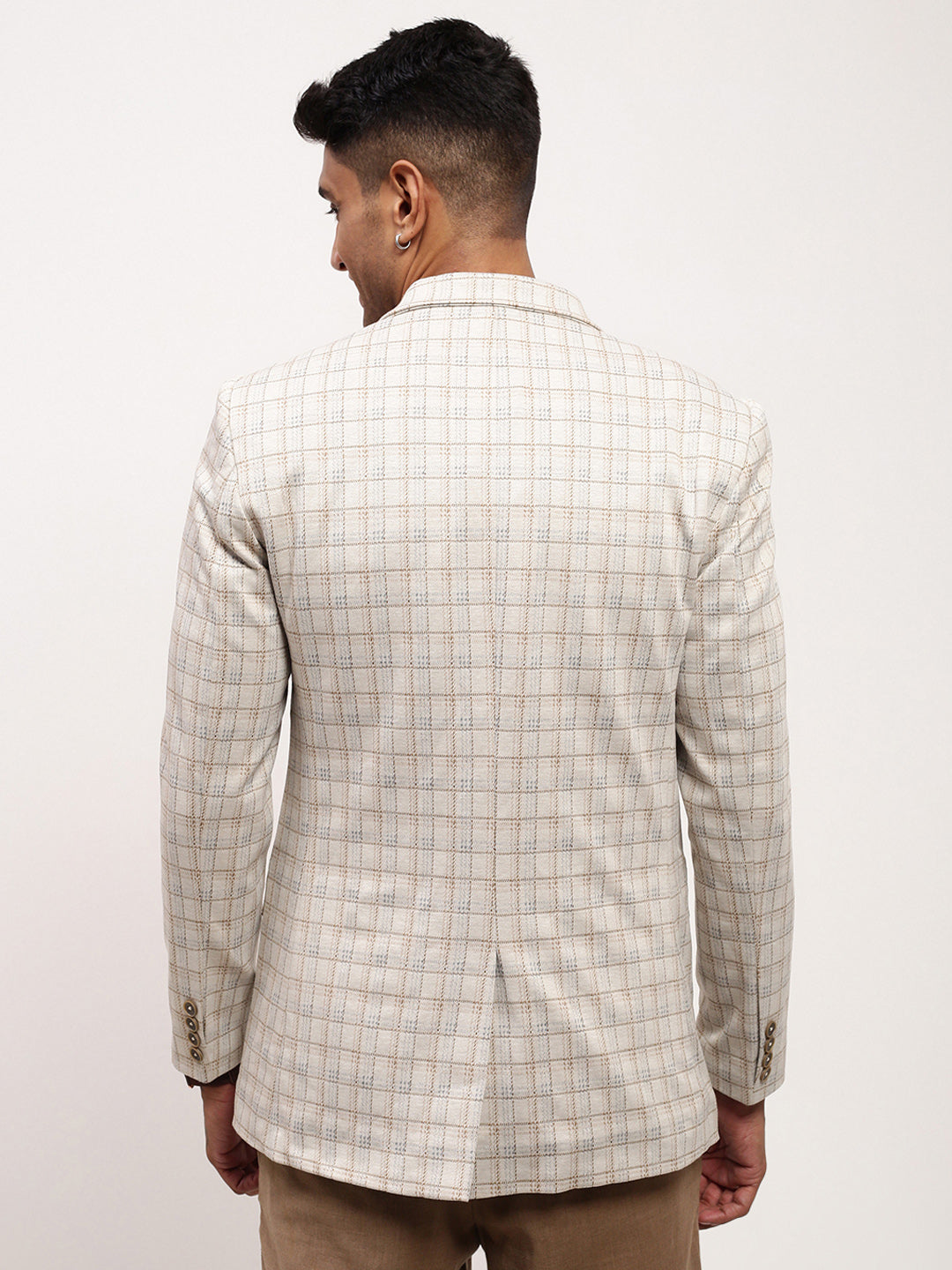Men's Cream Checked Single Breasted Blazer