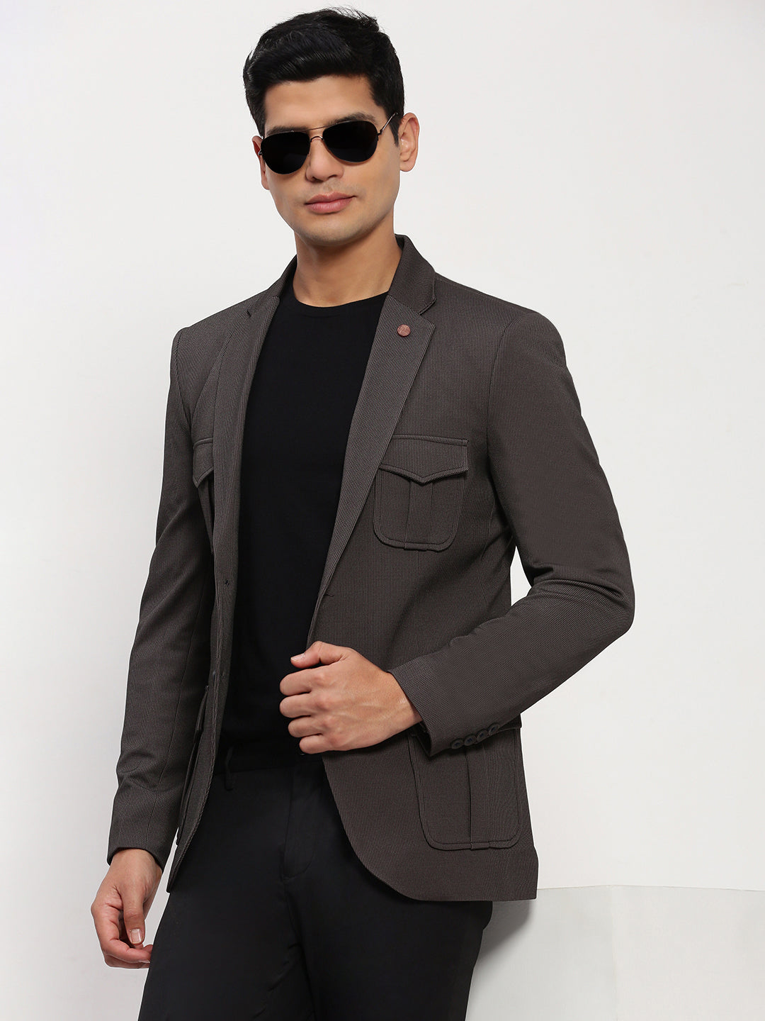 Men's Brown Solid Single Breasted Blazer