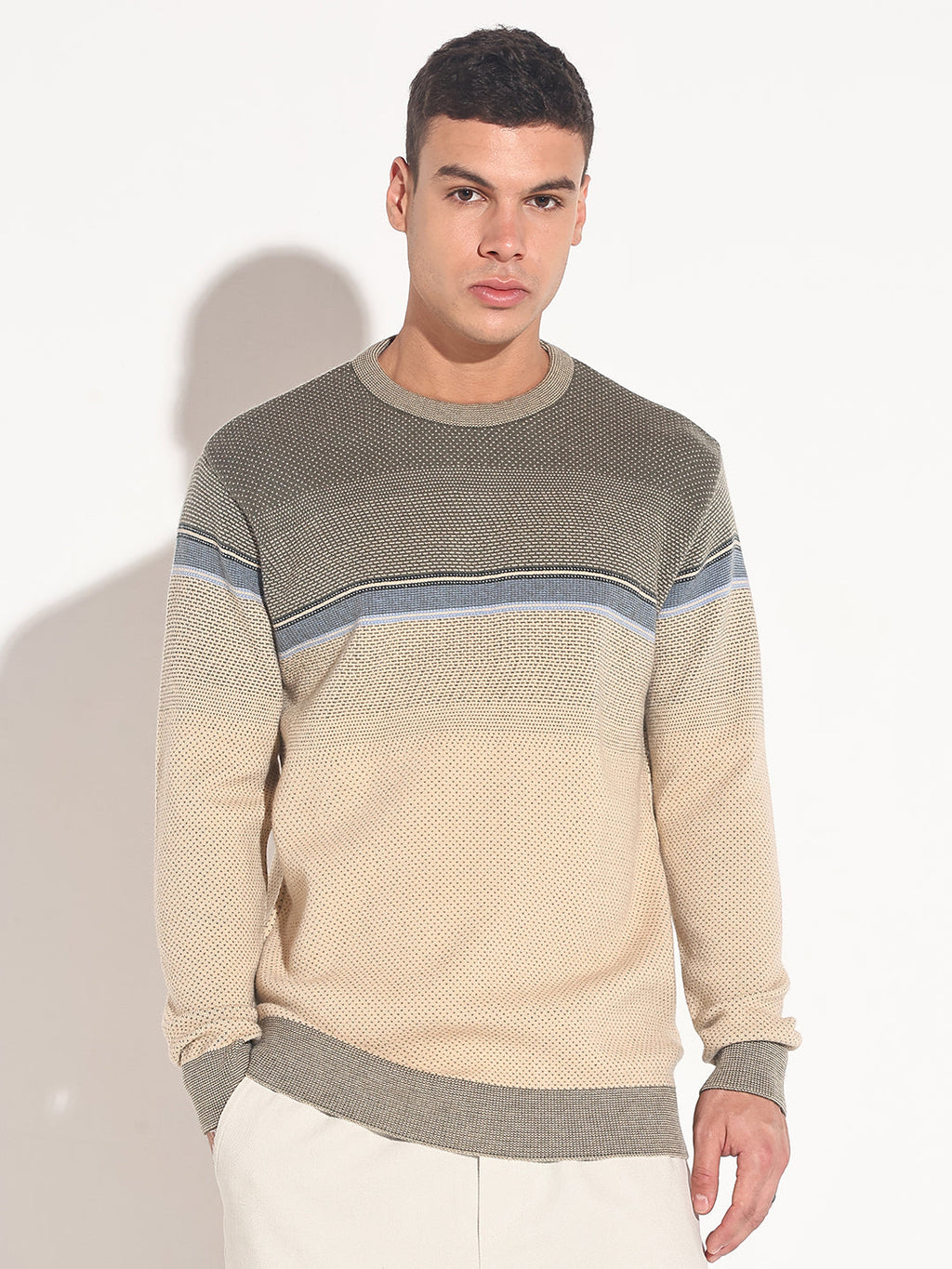 Men's Colourblocked Beige Ribbed Round Neck Sweater