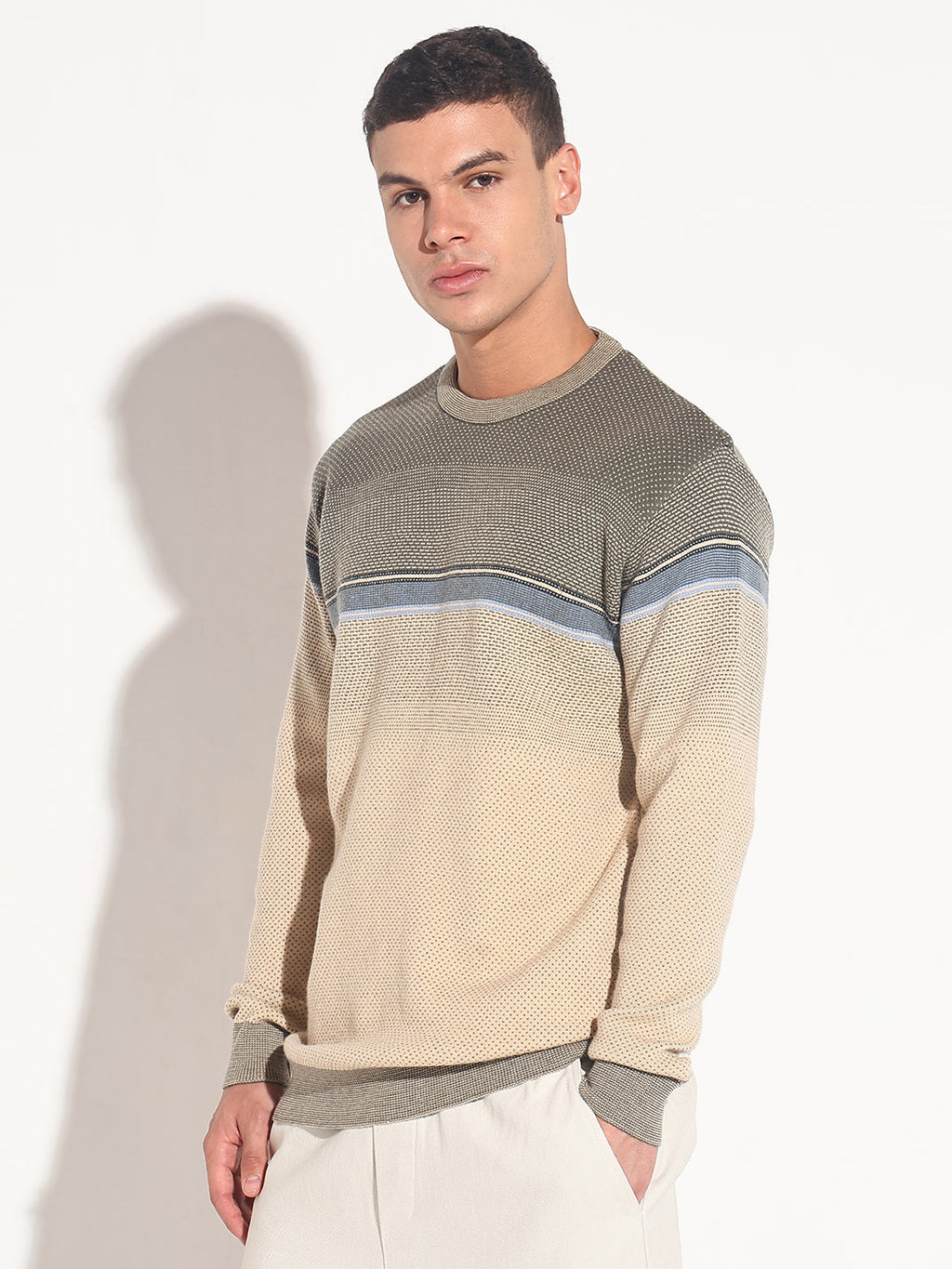 Men's Colourblocked Beige Ribbed Round Neck Sweater
