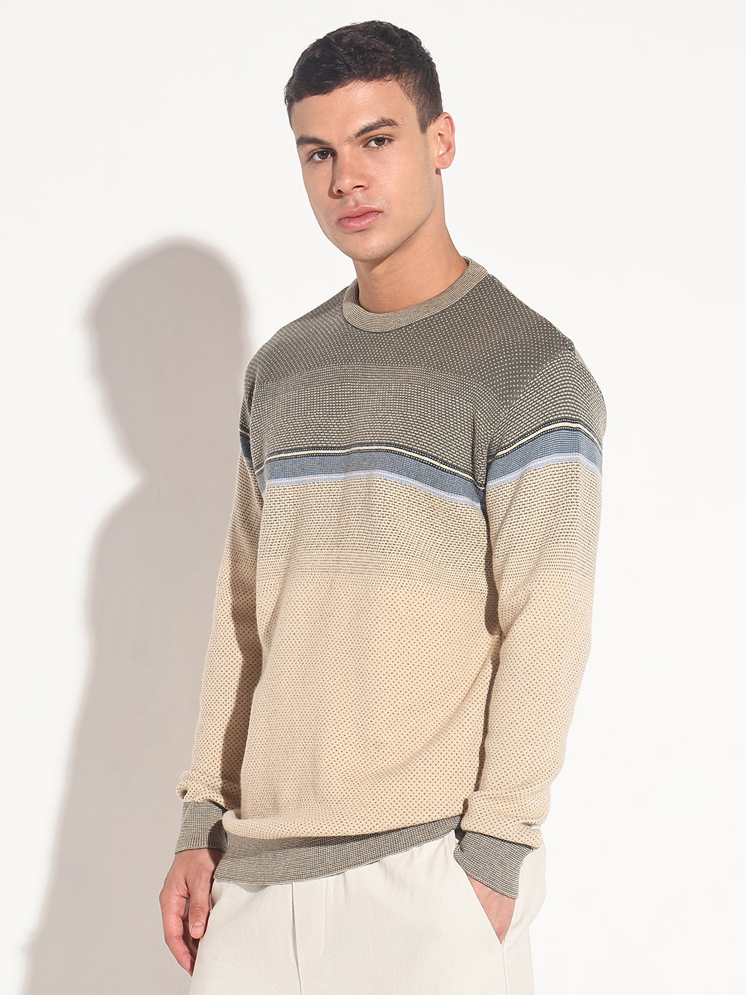 Men's Colourblocked Beige Ribbed Round Neck Sweater