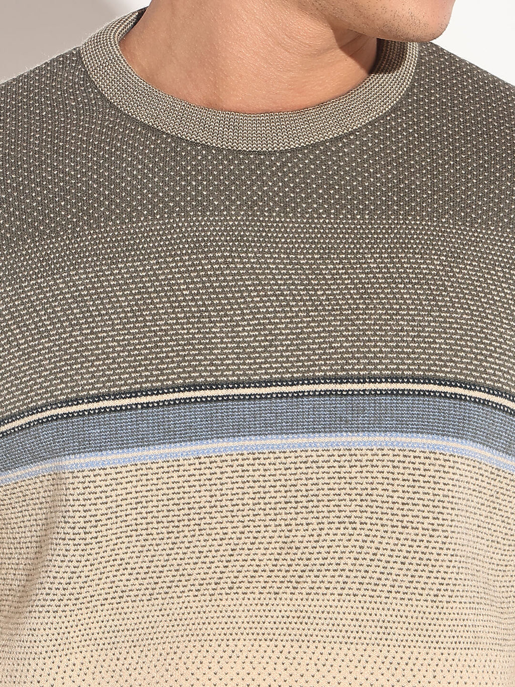Men's Colourblocked Beige Ribbed Round Neck Sweater
