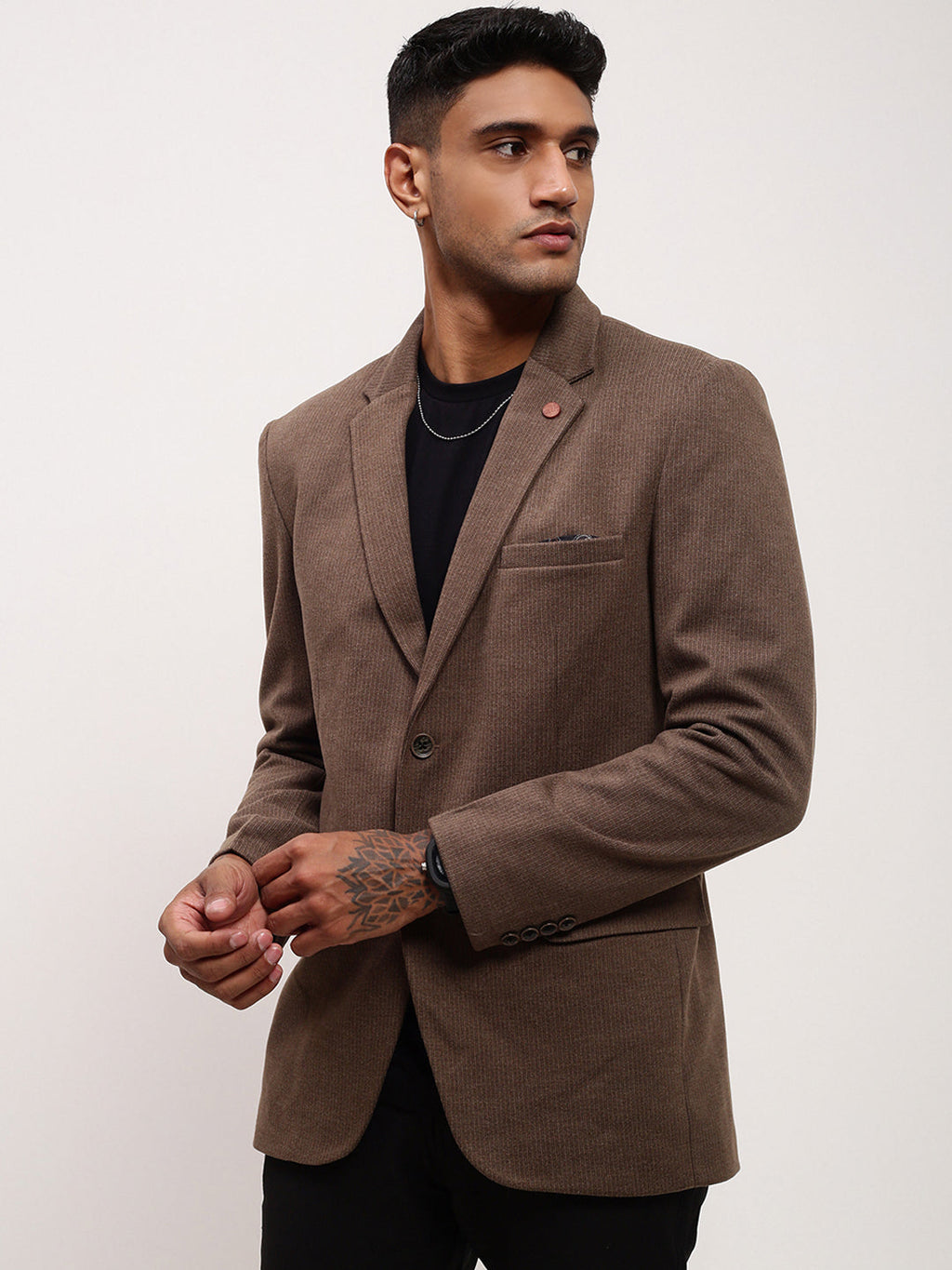 Men's Brown Solid Notched Lapel Single Breasted Blazer