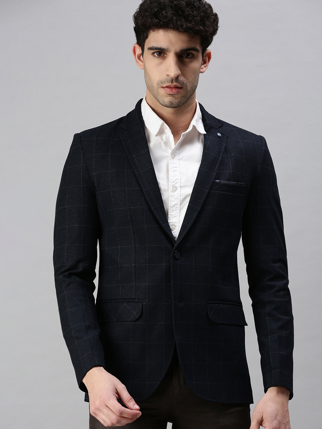 Men's Navy Blue Solid Slim-Fit Single-Breasted Formal Blazers