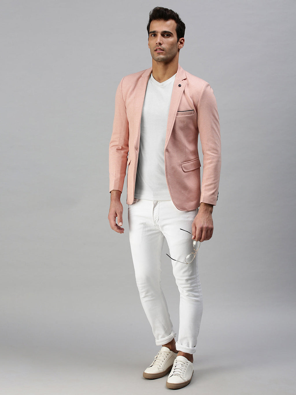 Men's Pink Solid Slim-Fit Single-Breasted Casual Blazers