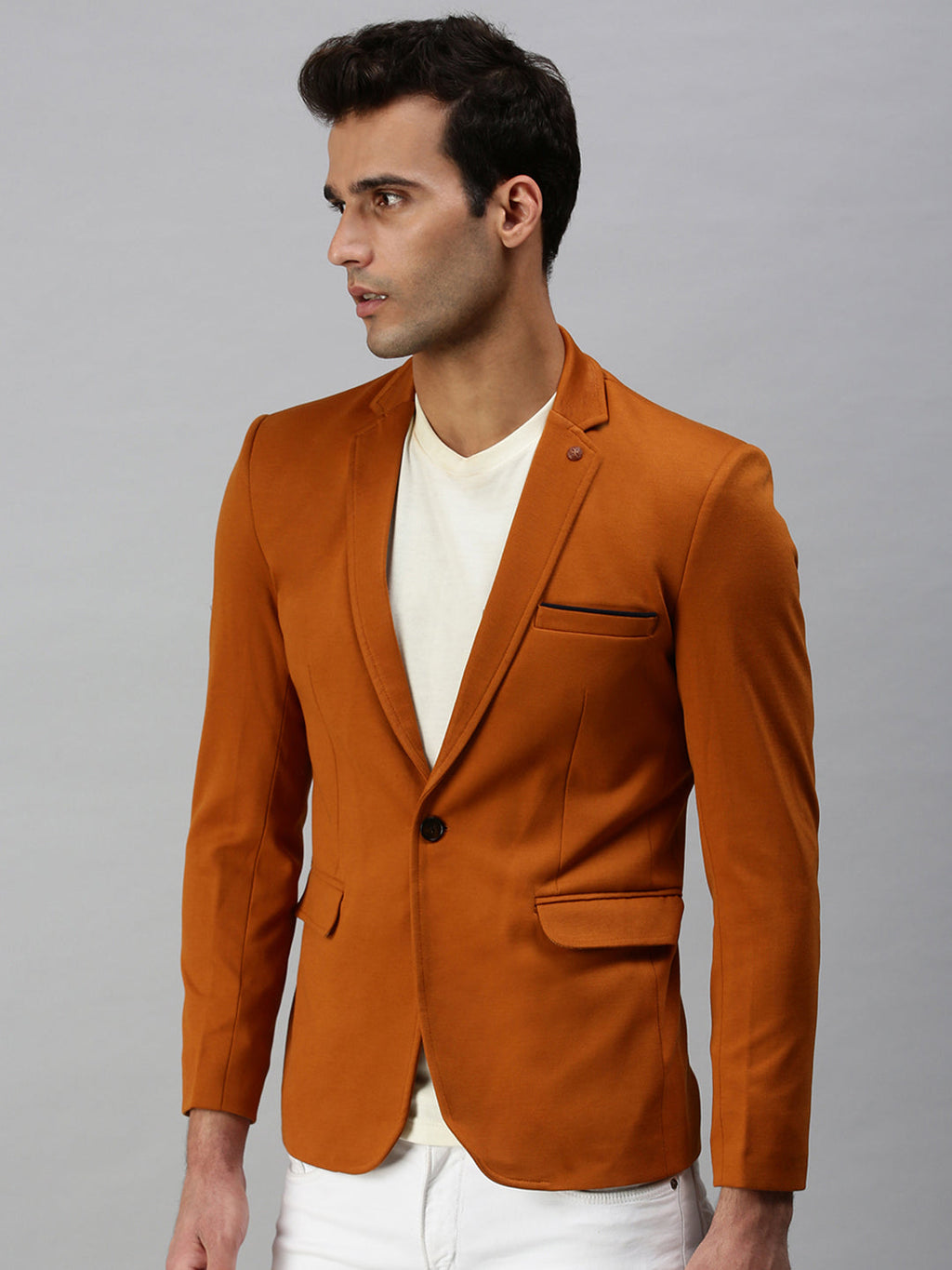 Men's Brown Solid Slim-Fit Single-Breasted Casual Blazers