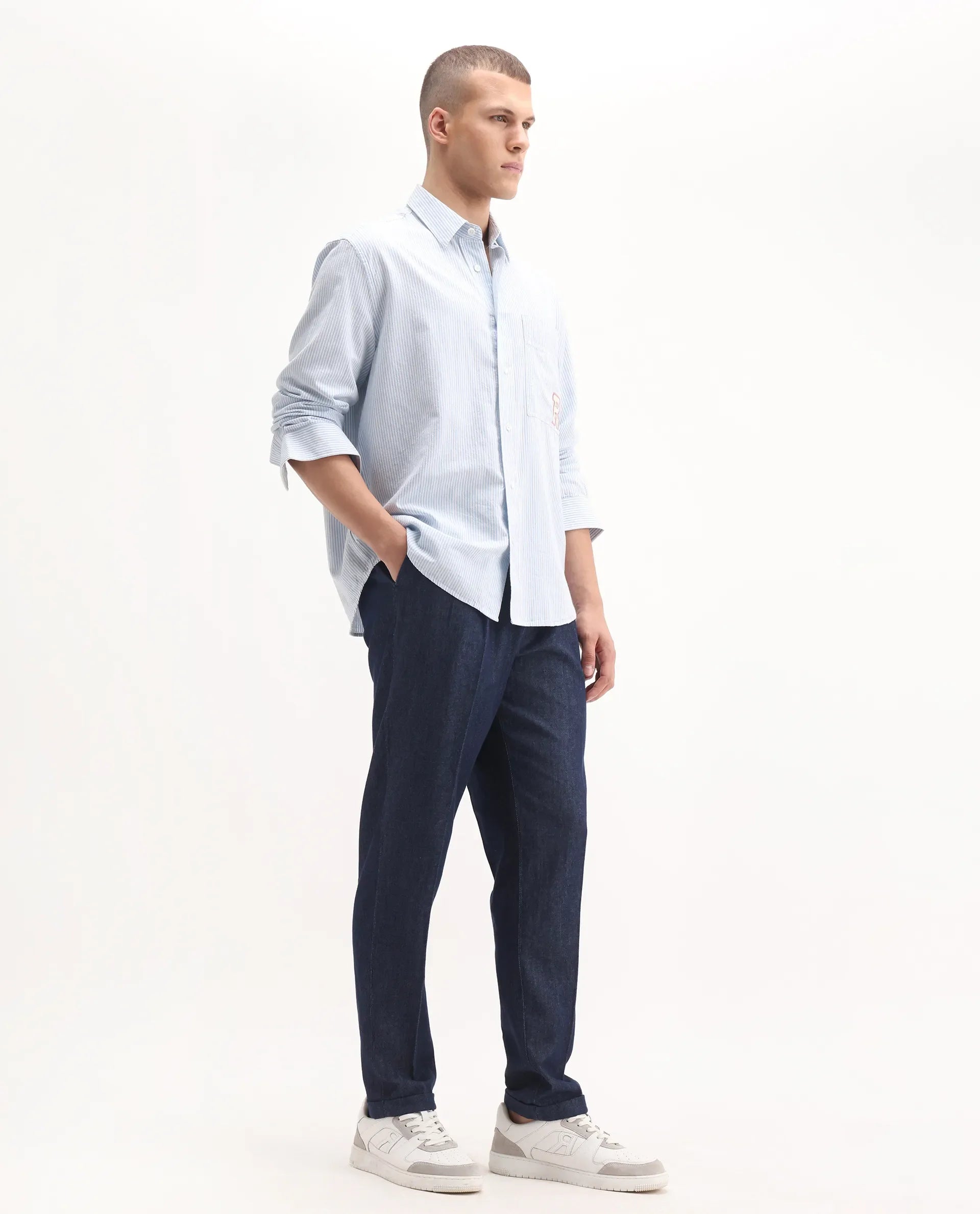 Rare Rabbit Men's Leni Blue Cotton Blend Plain Baggy Fit Trouser