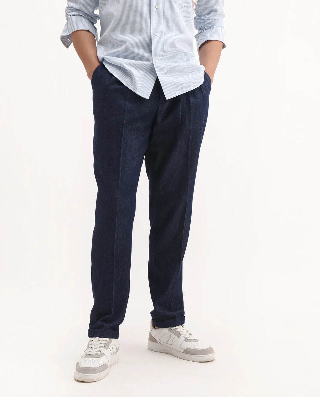 Rare Rabbit Men's Leni Blue Cotton Blend Plain Baggy Fit Trouser
